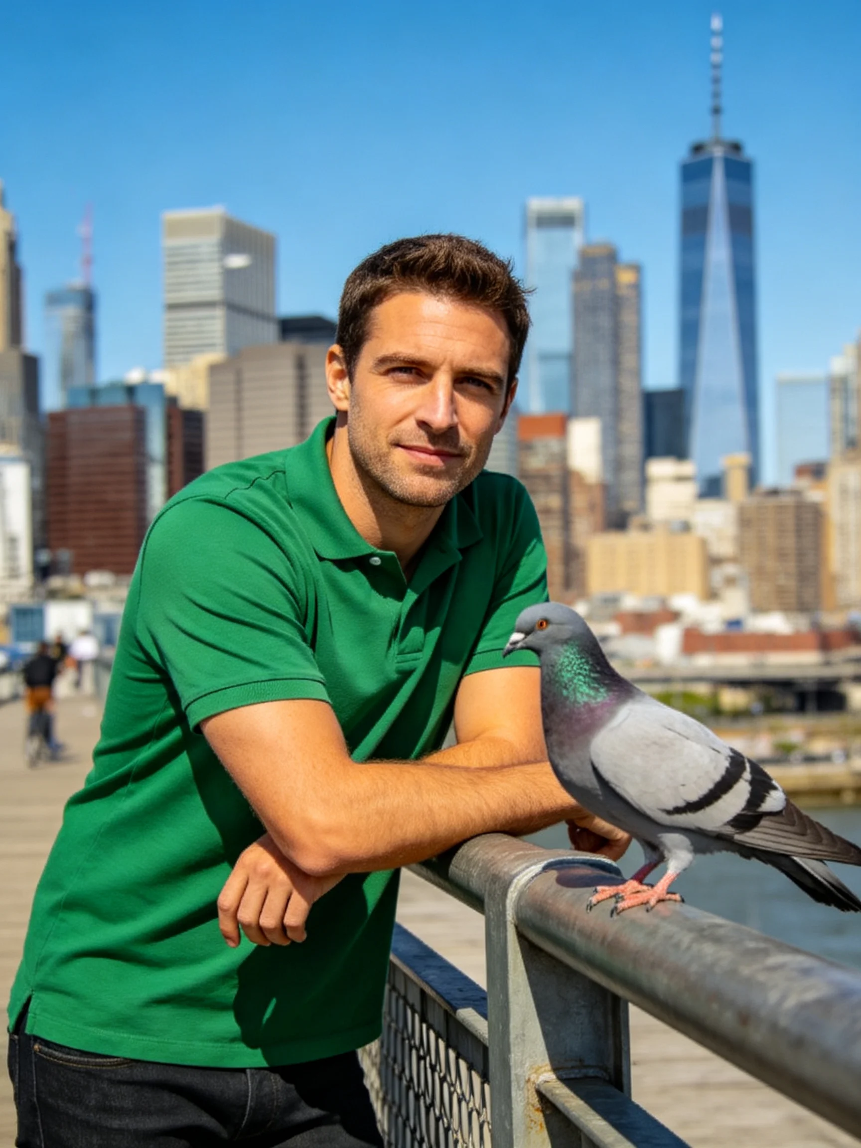 Man in bright green polo leaning by gray pigeon with urban skyline