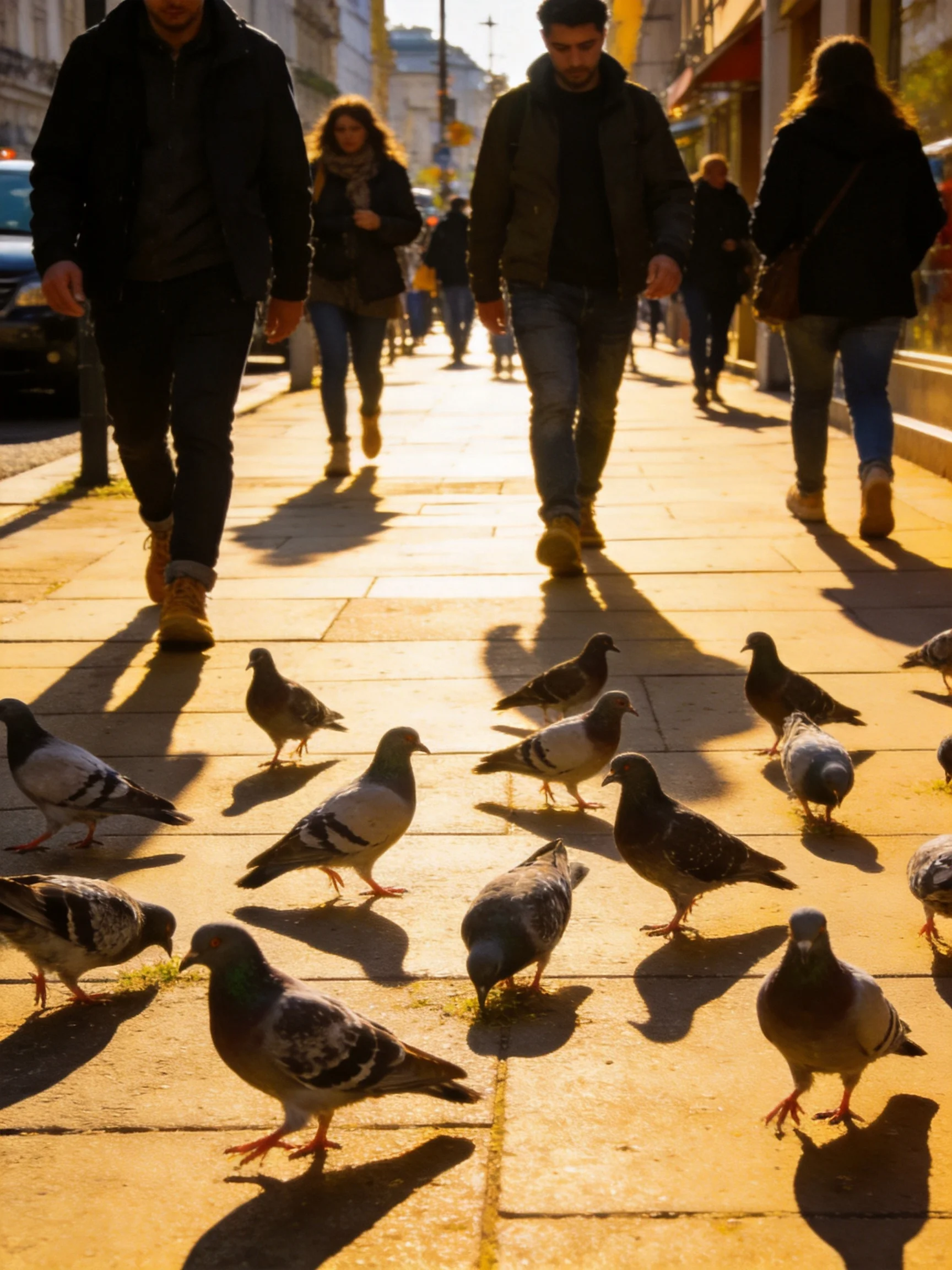 Many pedestrians walk along a sunlit sidewalk with numerous pigeons