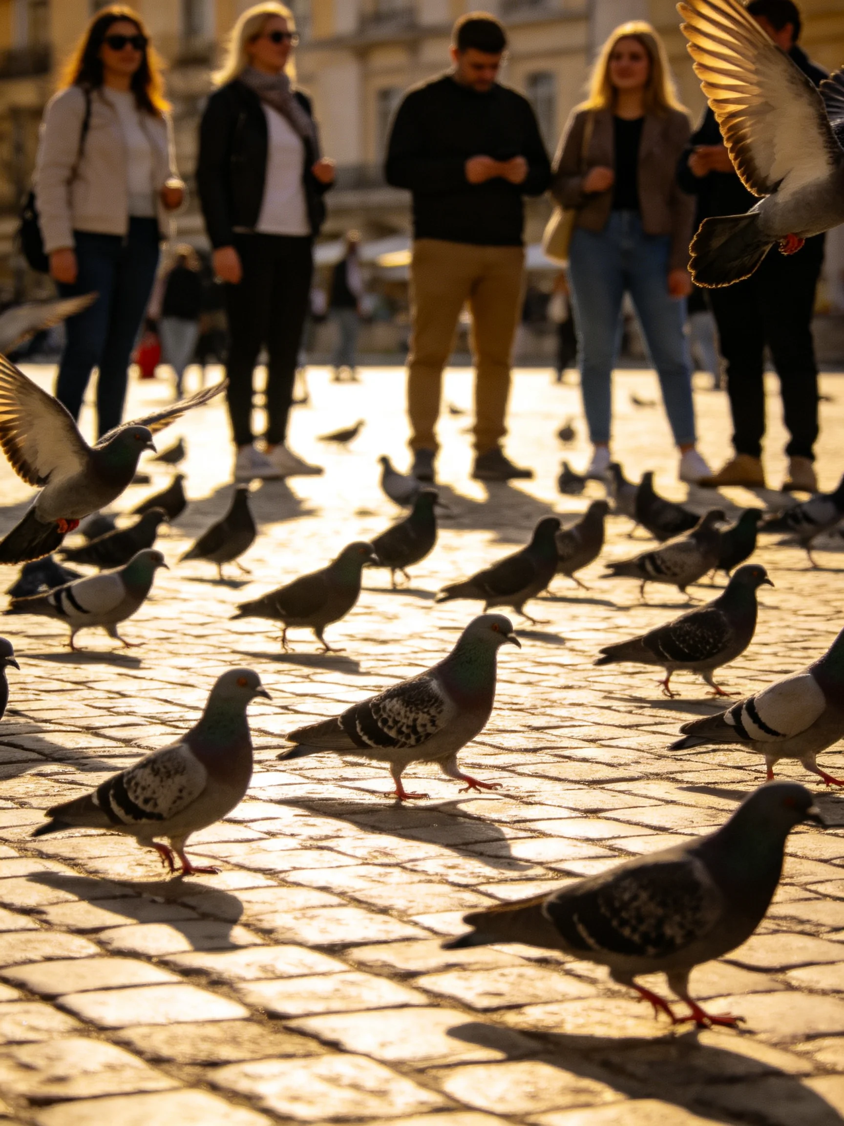 Many pigeons fill a sunlit cobblestone plaza with pedestrians