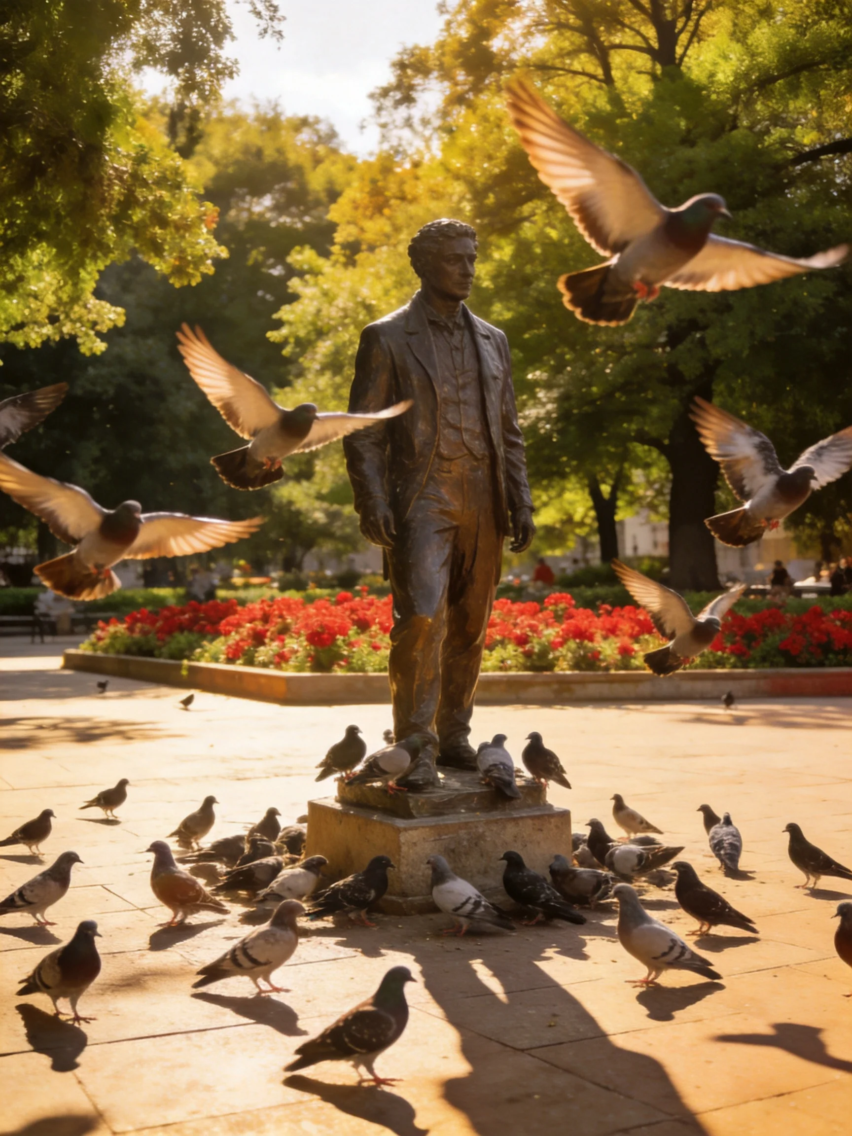 Many pigeons surround a bronze statue in a sunlit park.