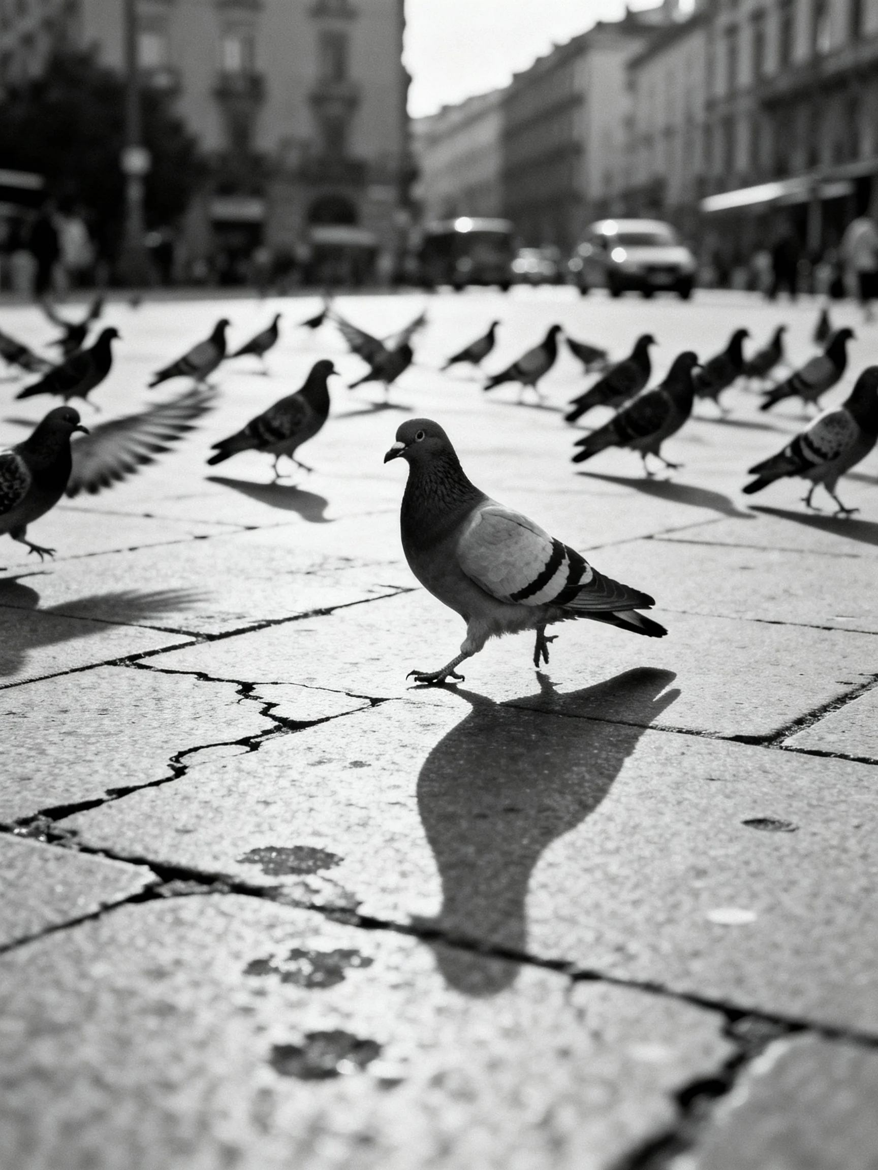 Many pigeons wander a sunlit cobblestone city plaza