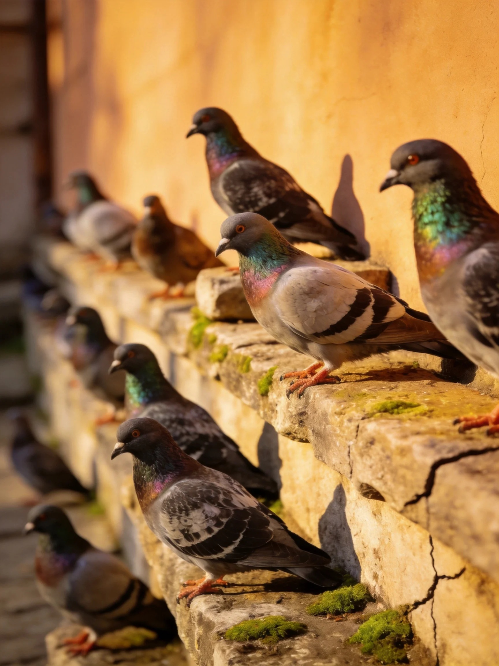 Many pigeons with colorful plumage perch on aged stone steps