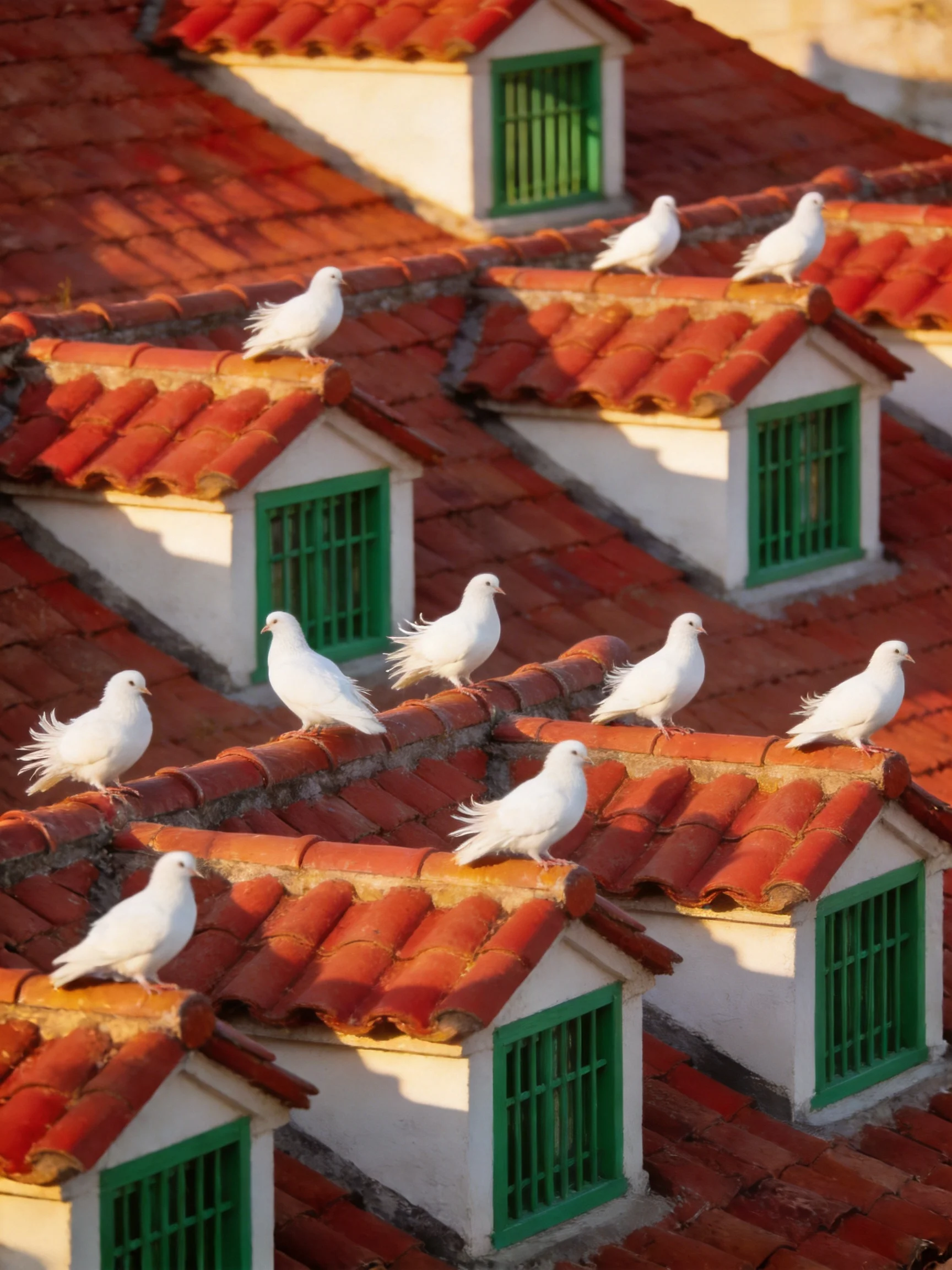 Multiple White Doves on Red-Tiled Roofs with Green Windows
