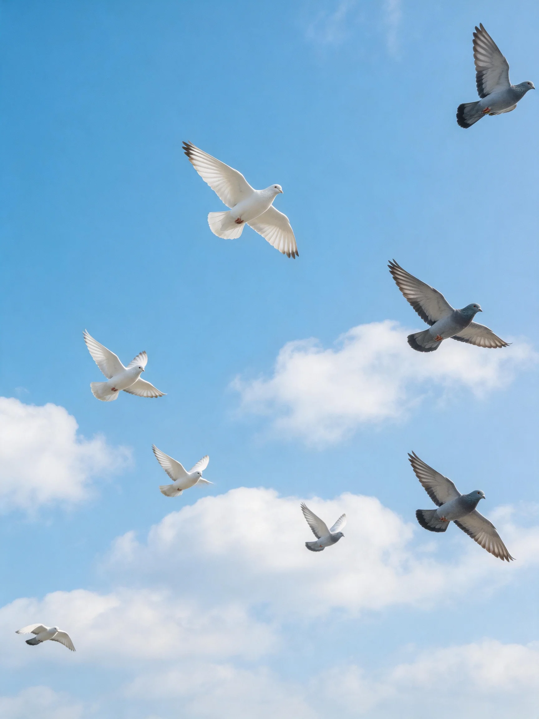 Multiple birds soar through bright blue sky with fluffy white clouds