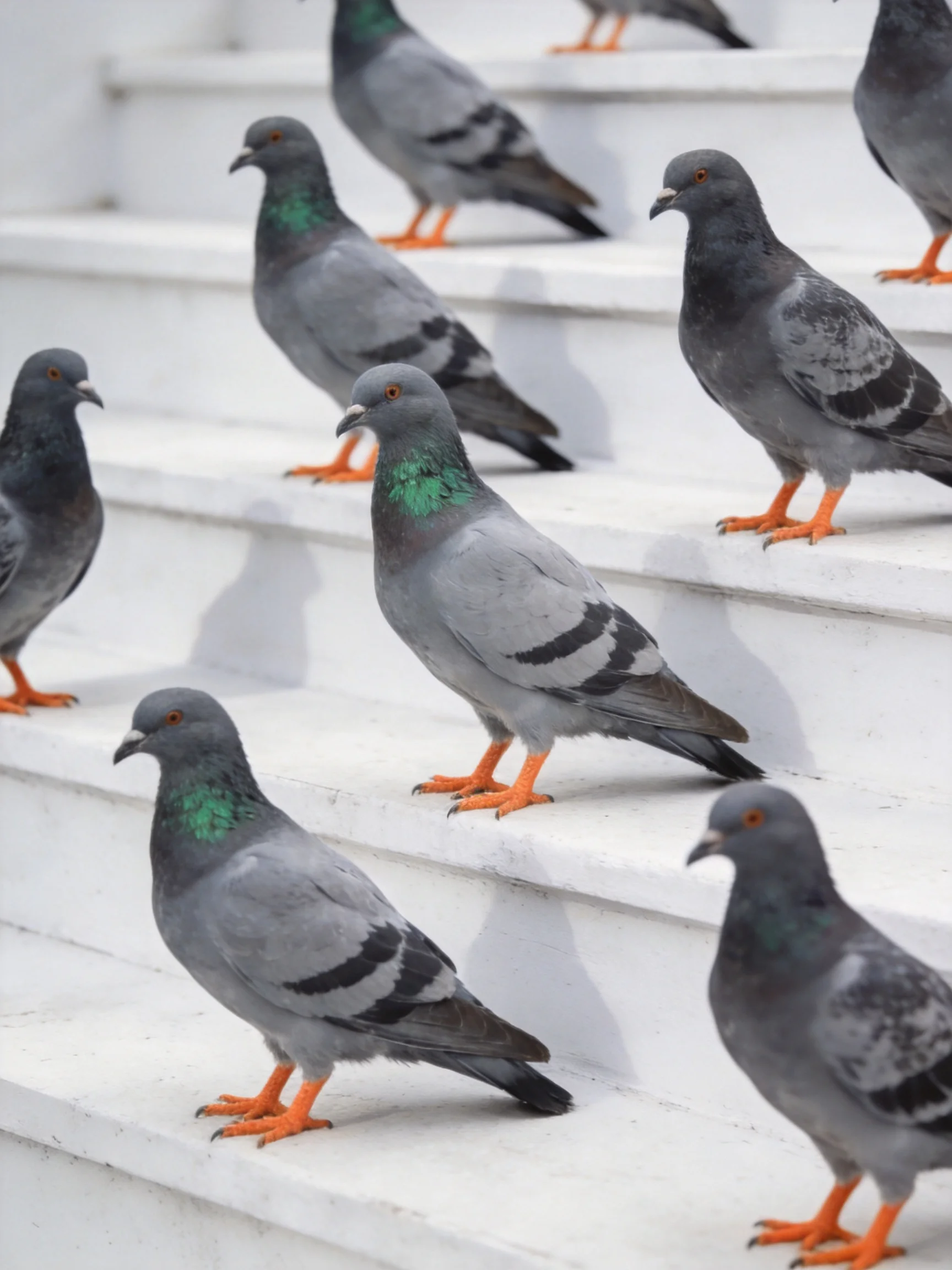 Multiple gray-green pigeons gathered on white concrete steps