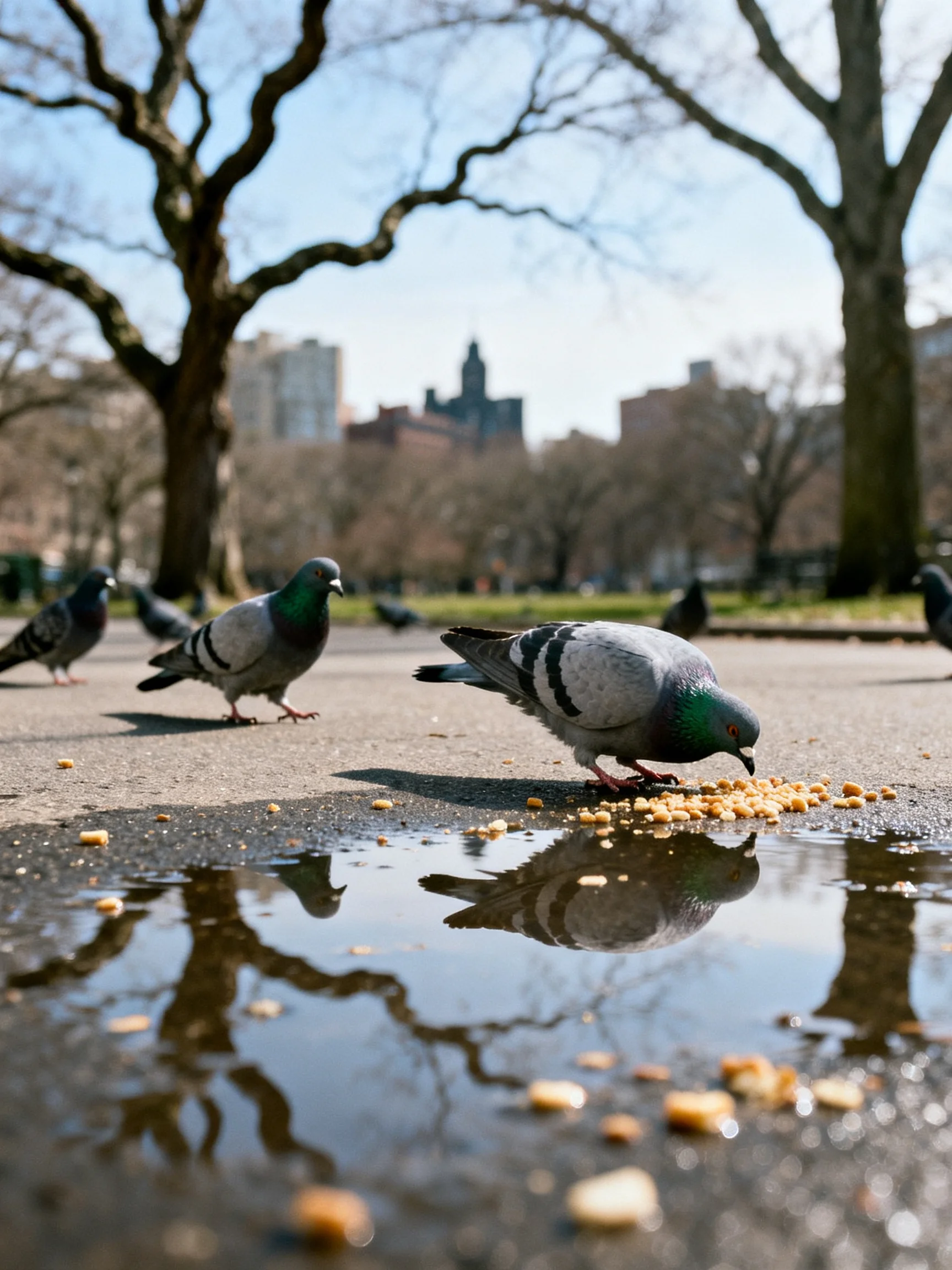Multiple pigeons foraging near puddles in a city park