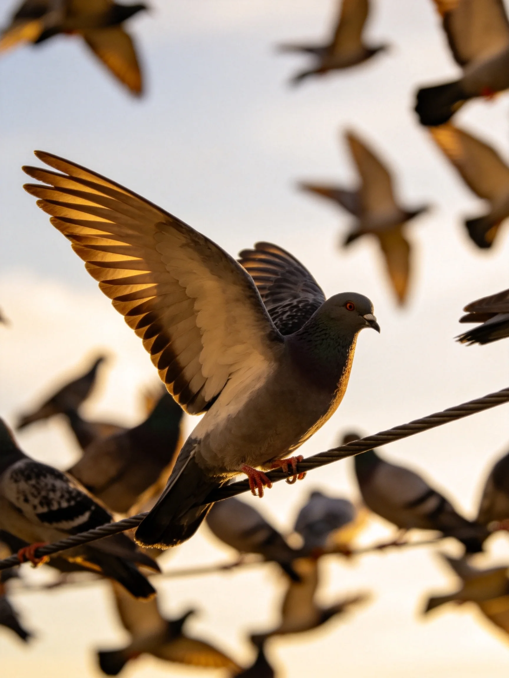 Multiple pigeons gather around a wire with golden feather details