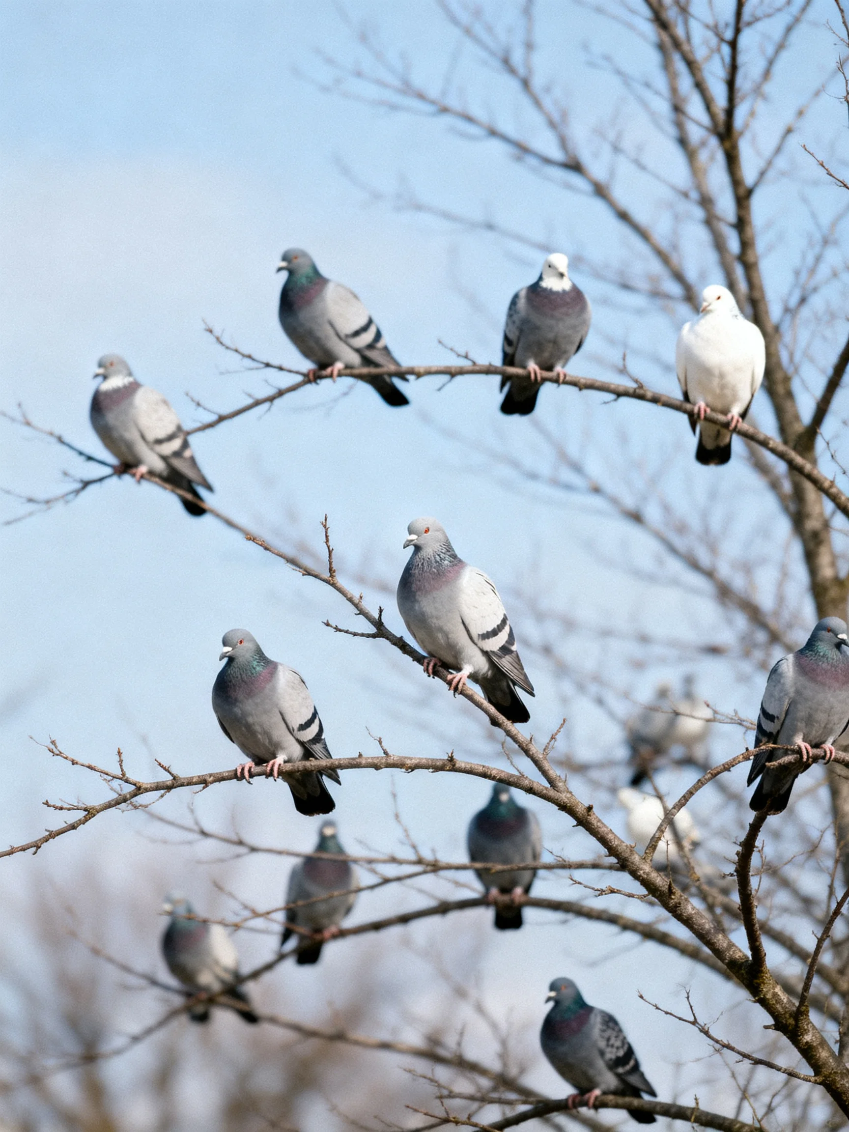Multiple pigeons in gray and white hues gather on bare tree branches