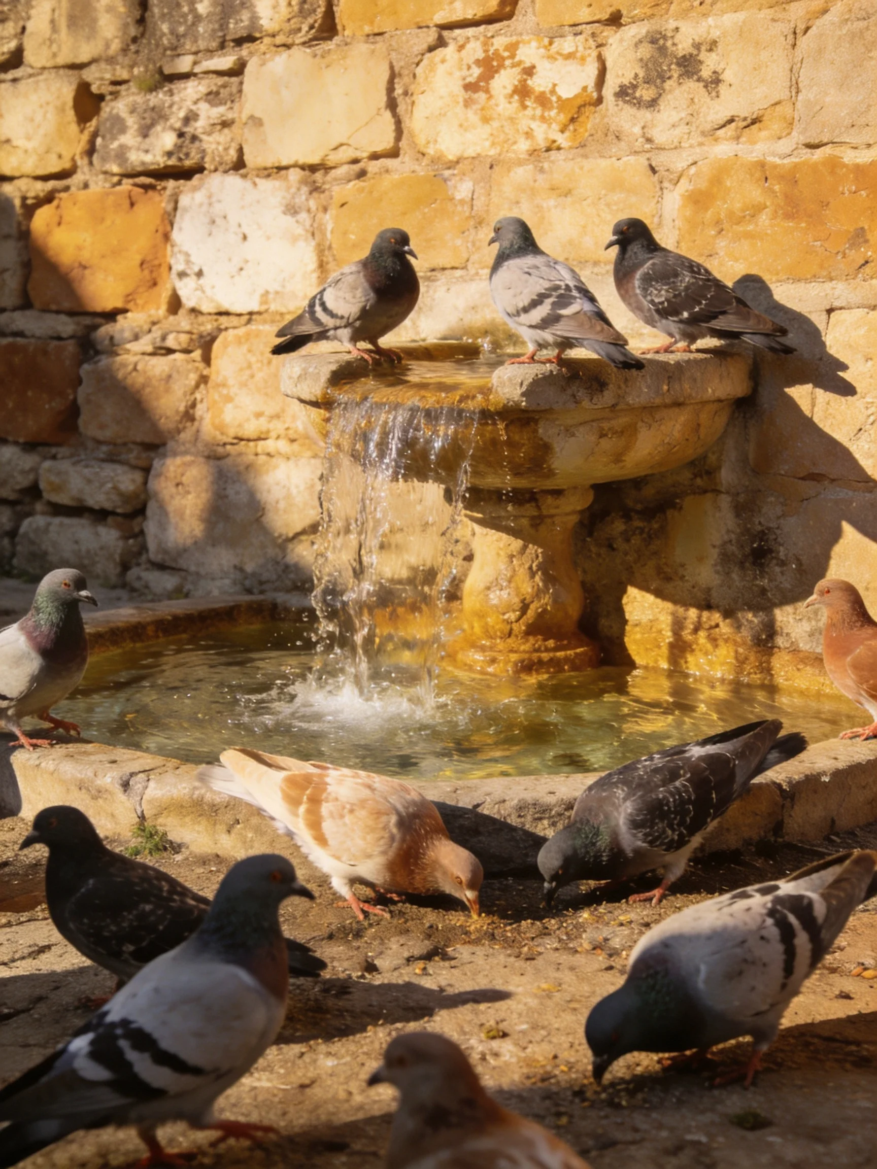 Multiple pigeons of varied colors gather by an ancient stone fountain with flowing water