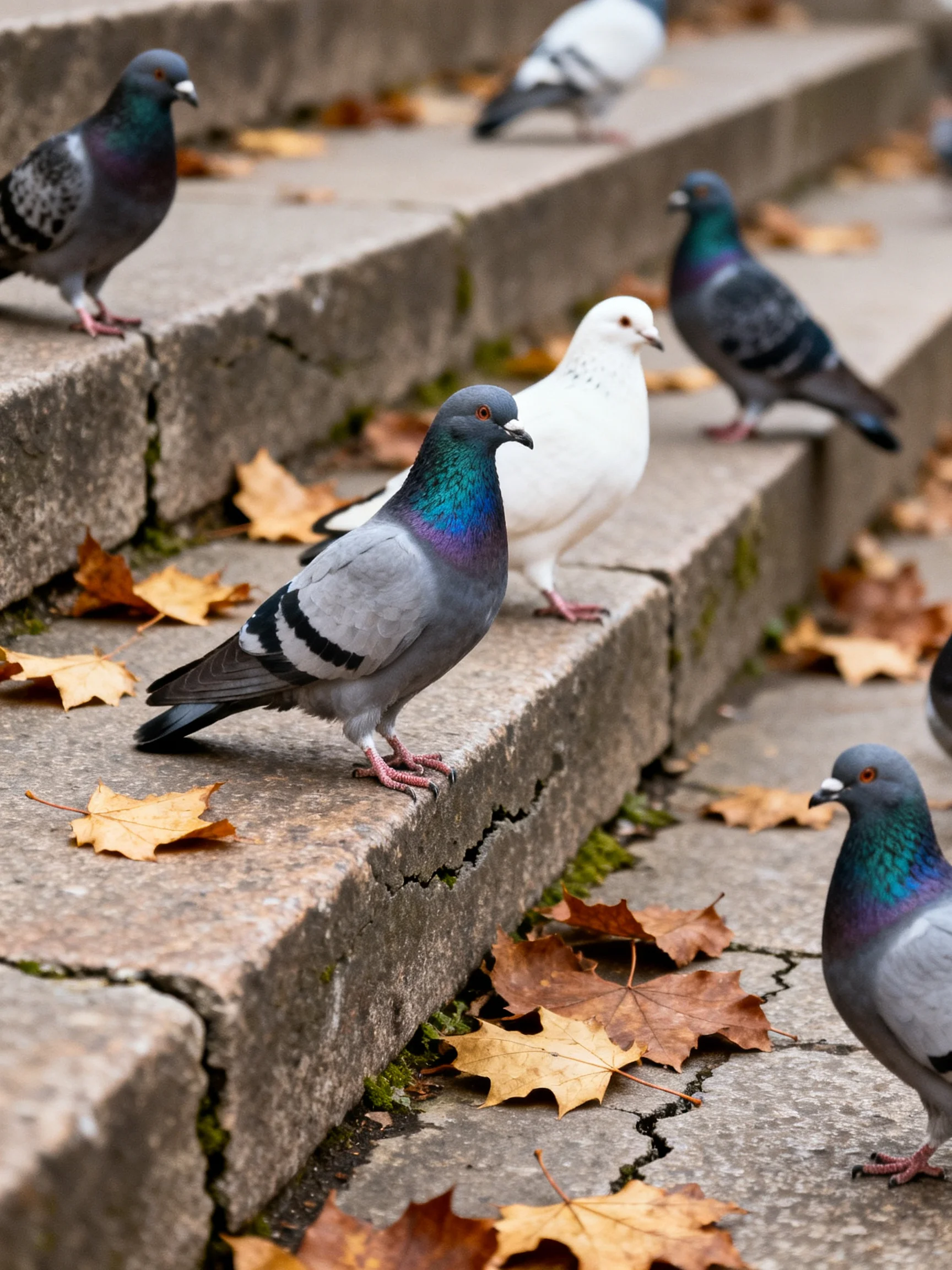 Multiple pigeons of varying colors stand on weathered stone steps with autumn leaves