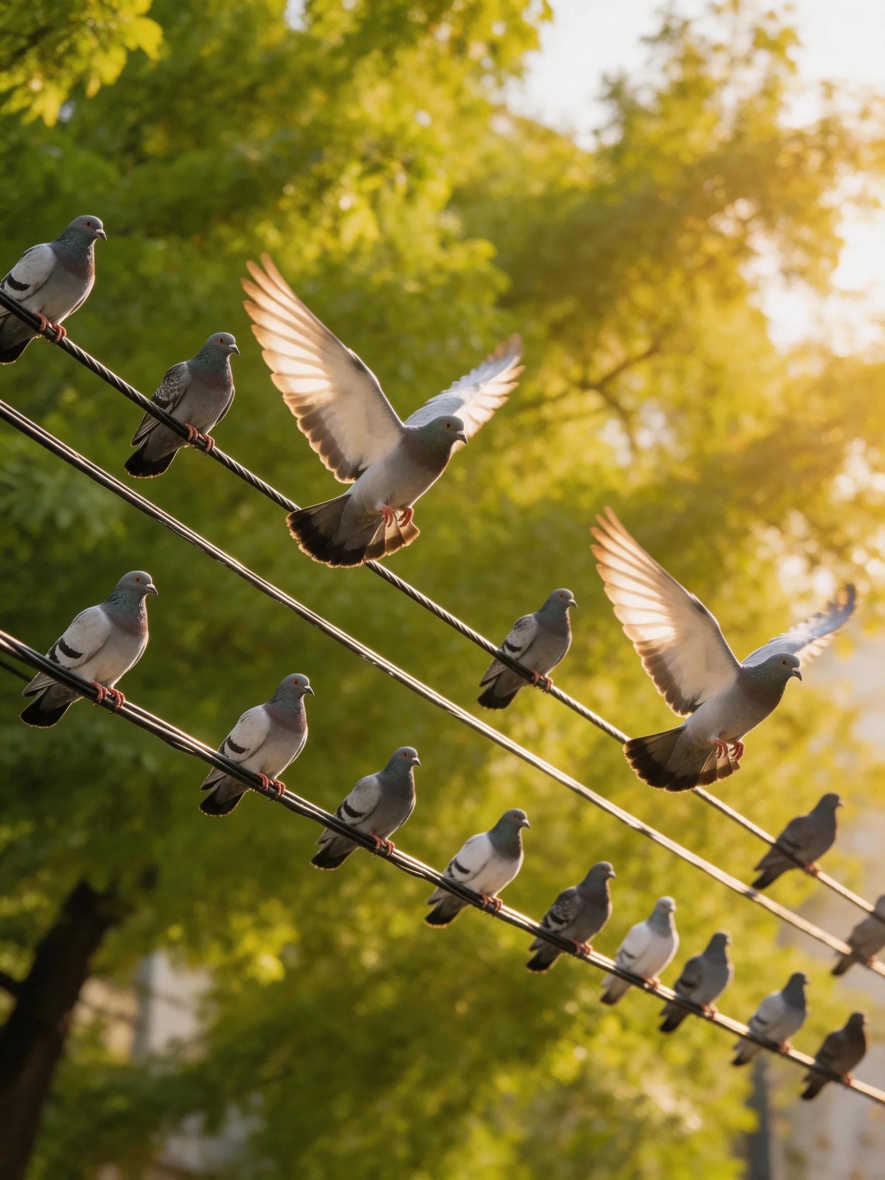 Multiple pigeons perch and fly on parallel wires near lush green trees