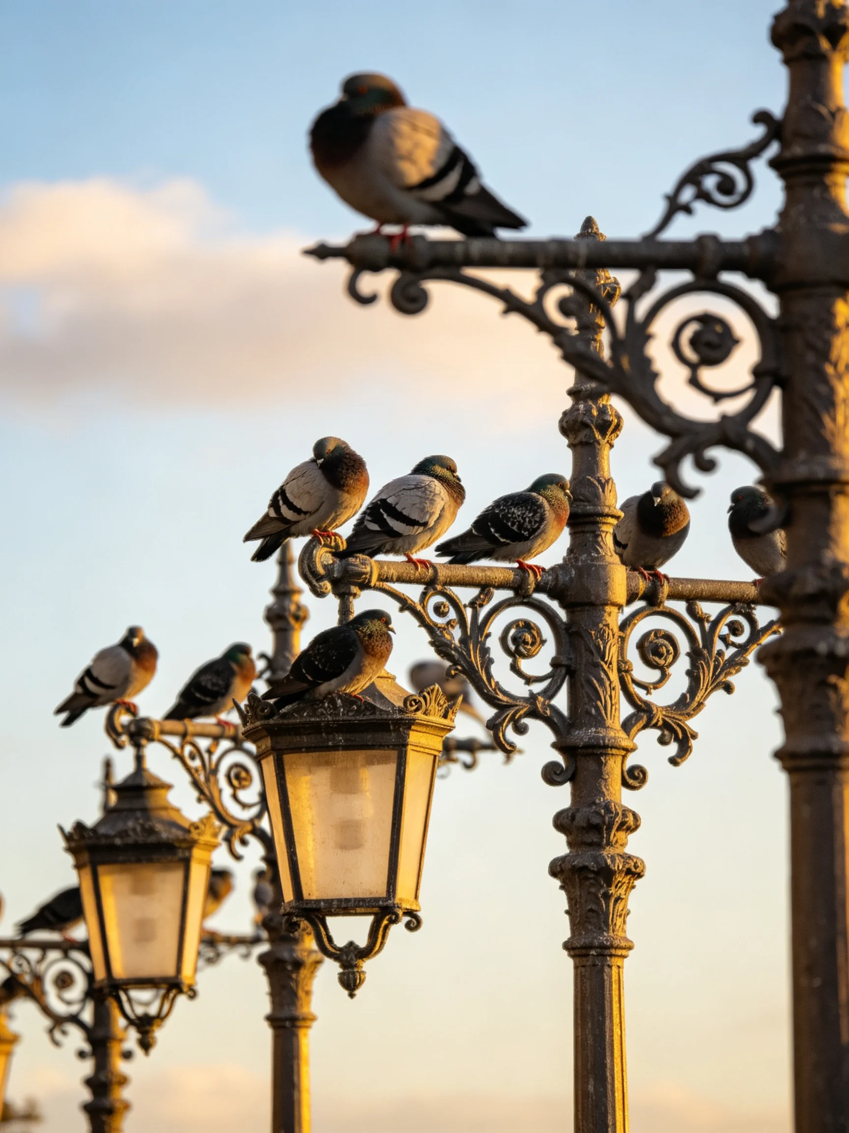 Multiple pigeons rest on ornate, vintage street lamps under golden evening light