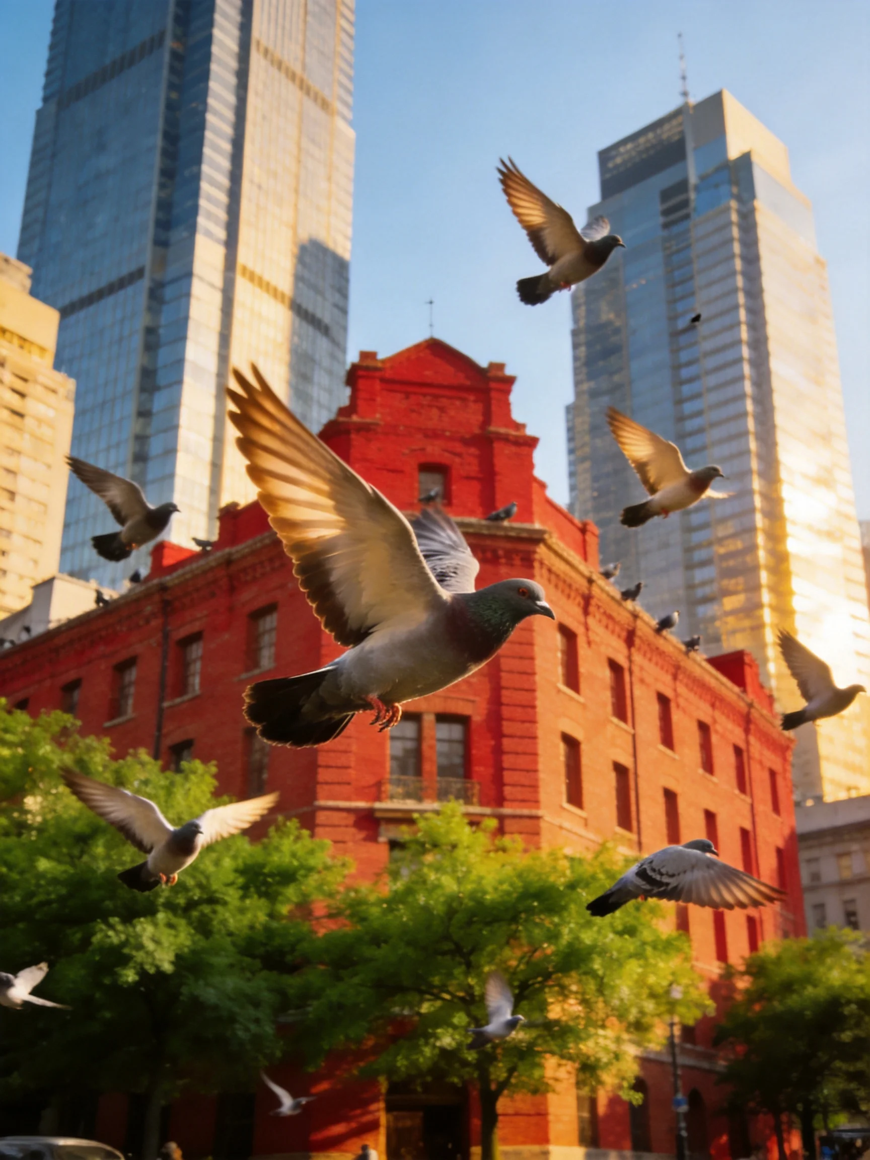 Multiple pigeons soar near a vibrant red brick building with modern skyscrapers
