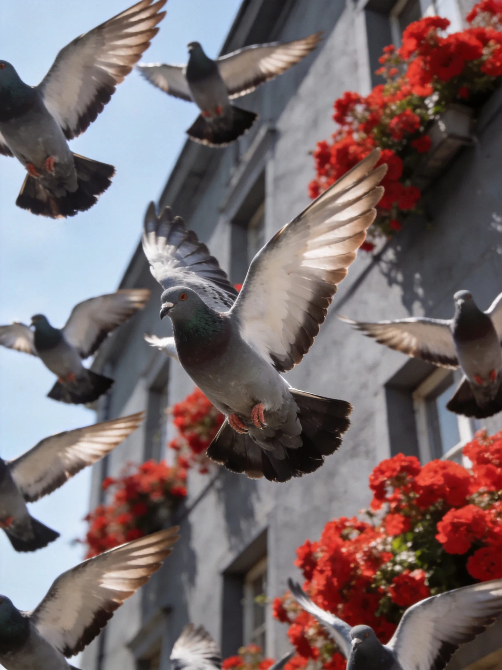 Multiple pigeons soar past a gray building with bright red flower boxes