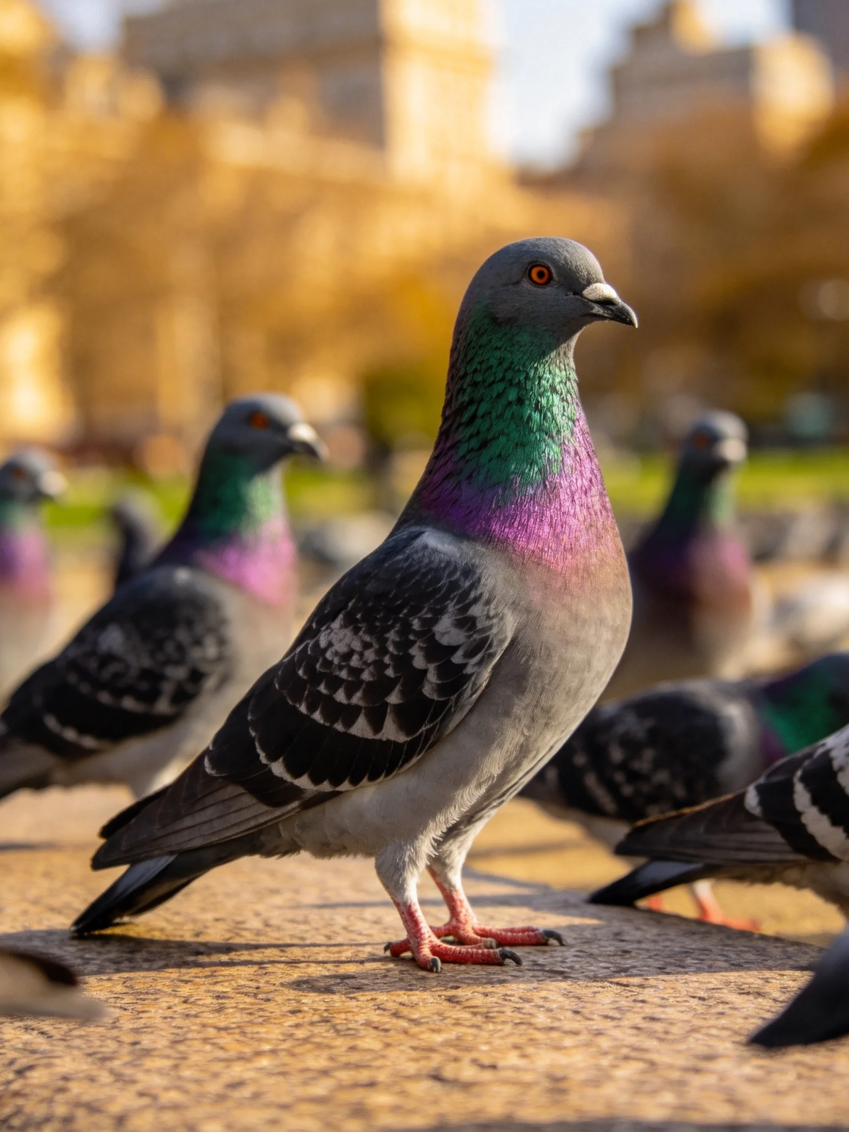 Pigeons with colorful necks gather on a stone surface outdoors.