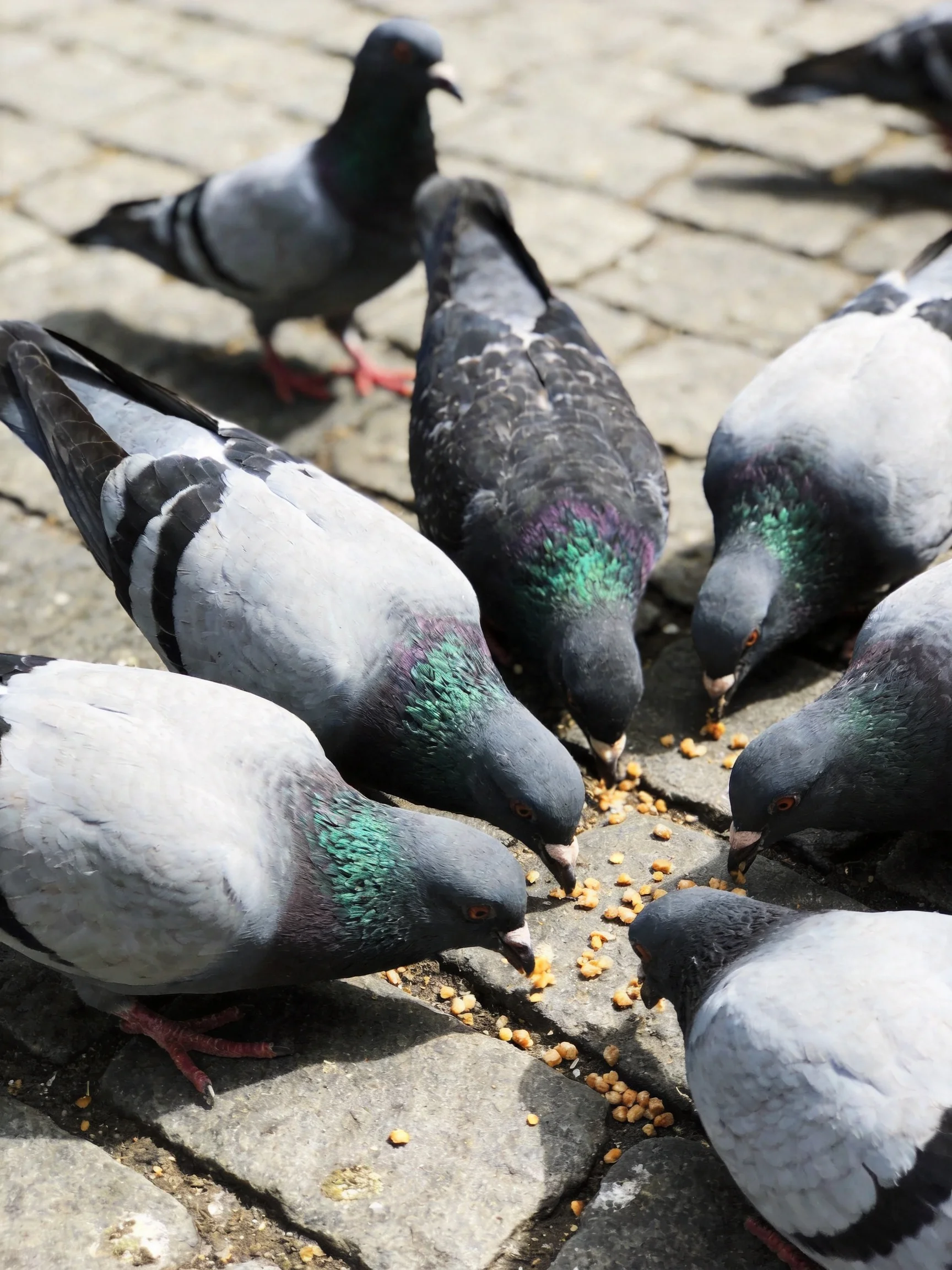 Multiple pigeons with iridescent necks feed on seeds on a cobblestone surface