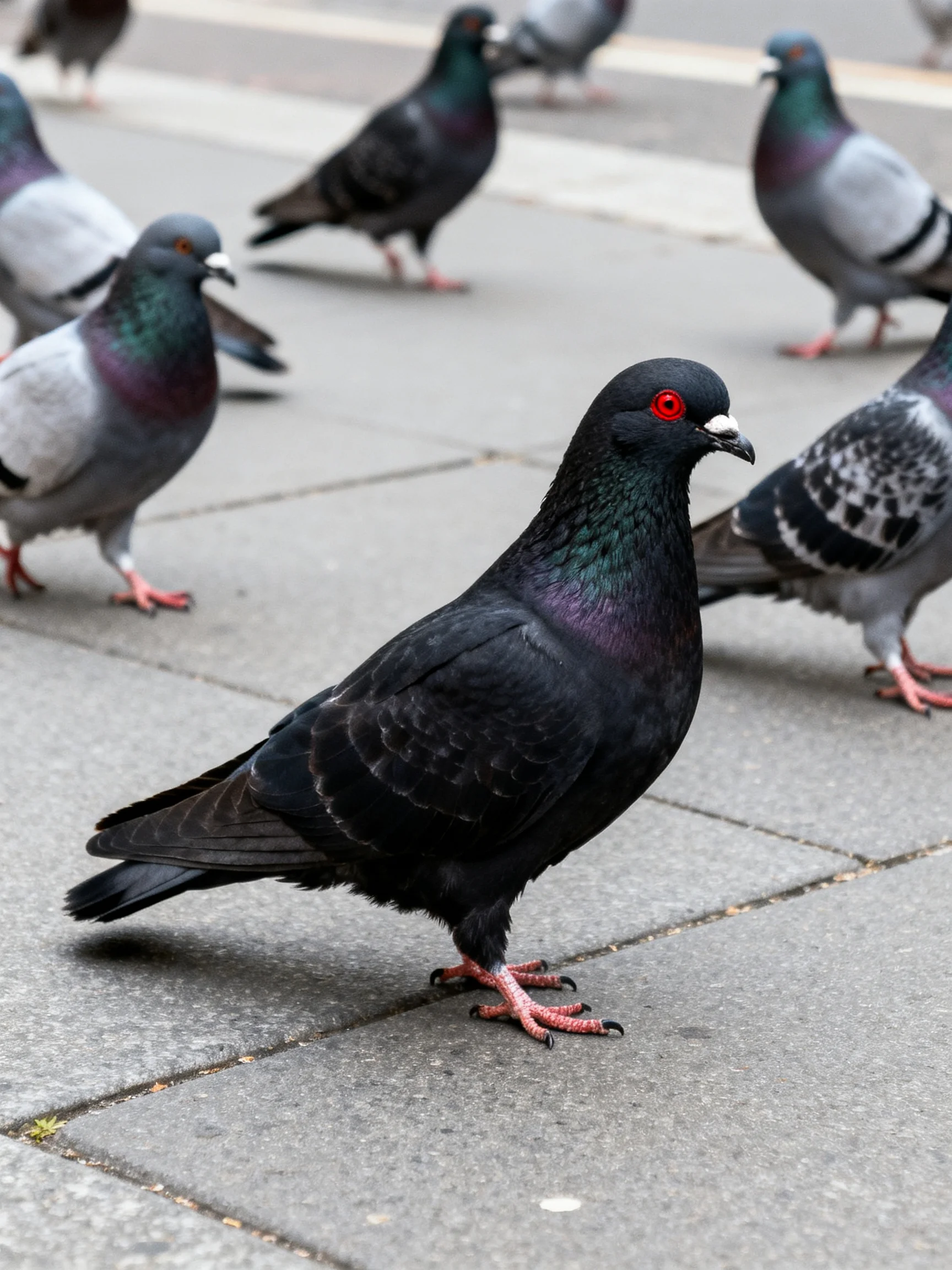 Multiple pigeons with varied feather colors on stone pavement