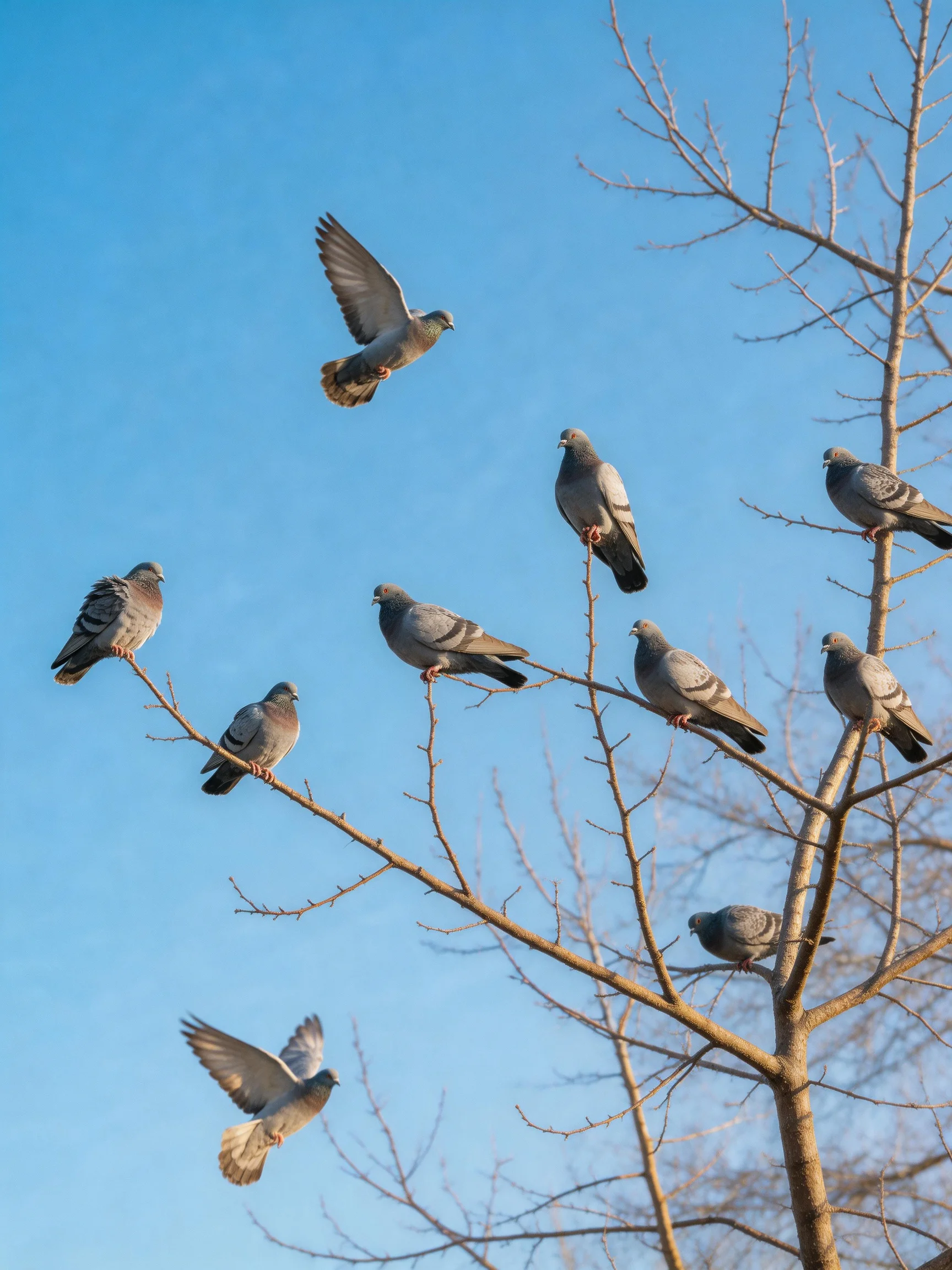 Nine Pigeons, Some Flying, Some Perched, on Bare Tree Branches Under Clear Blue Sky