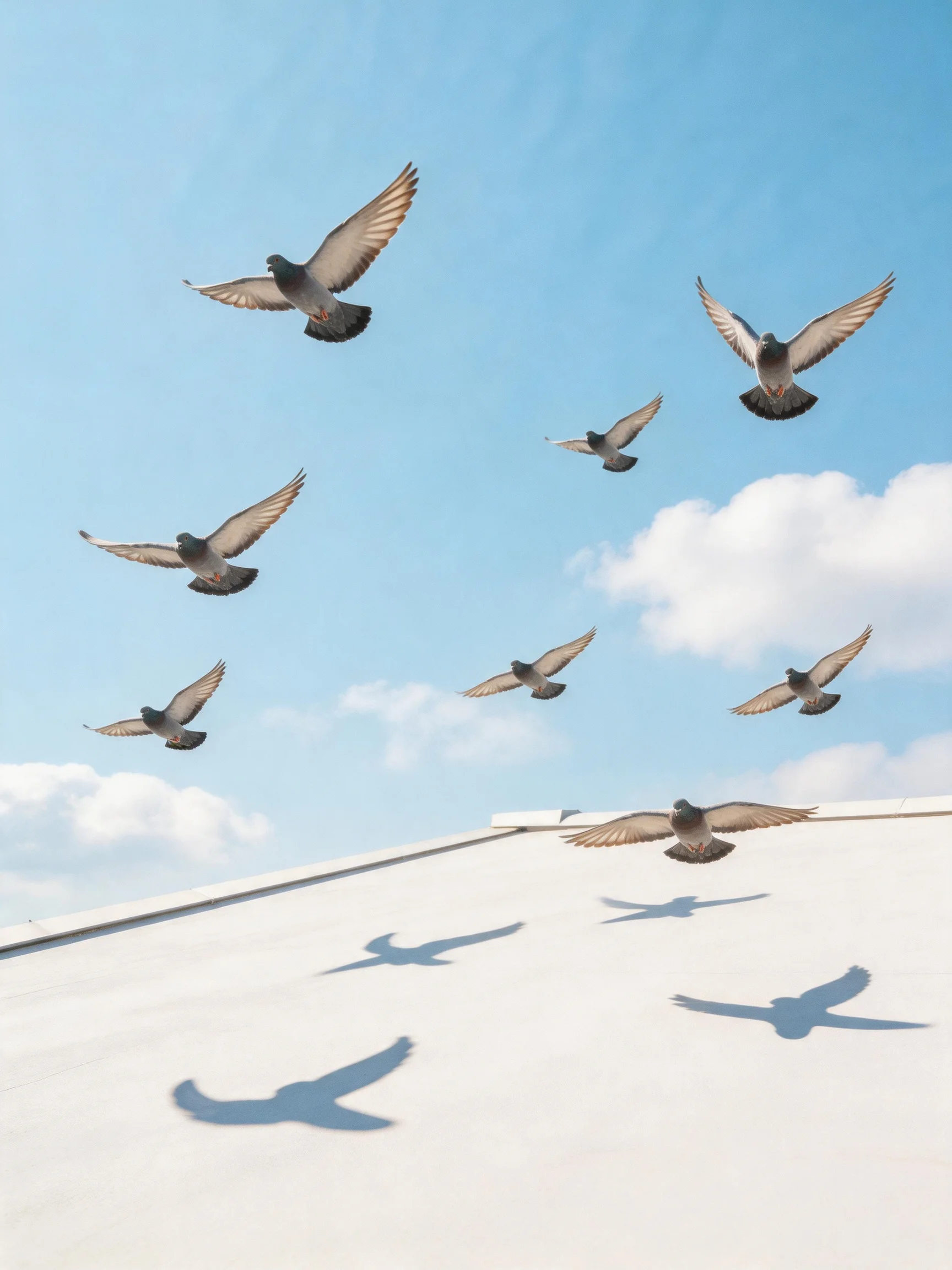 Nine pigeons fly over a white rooftop with blue sky and clouds