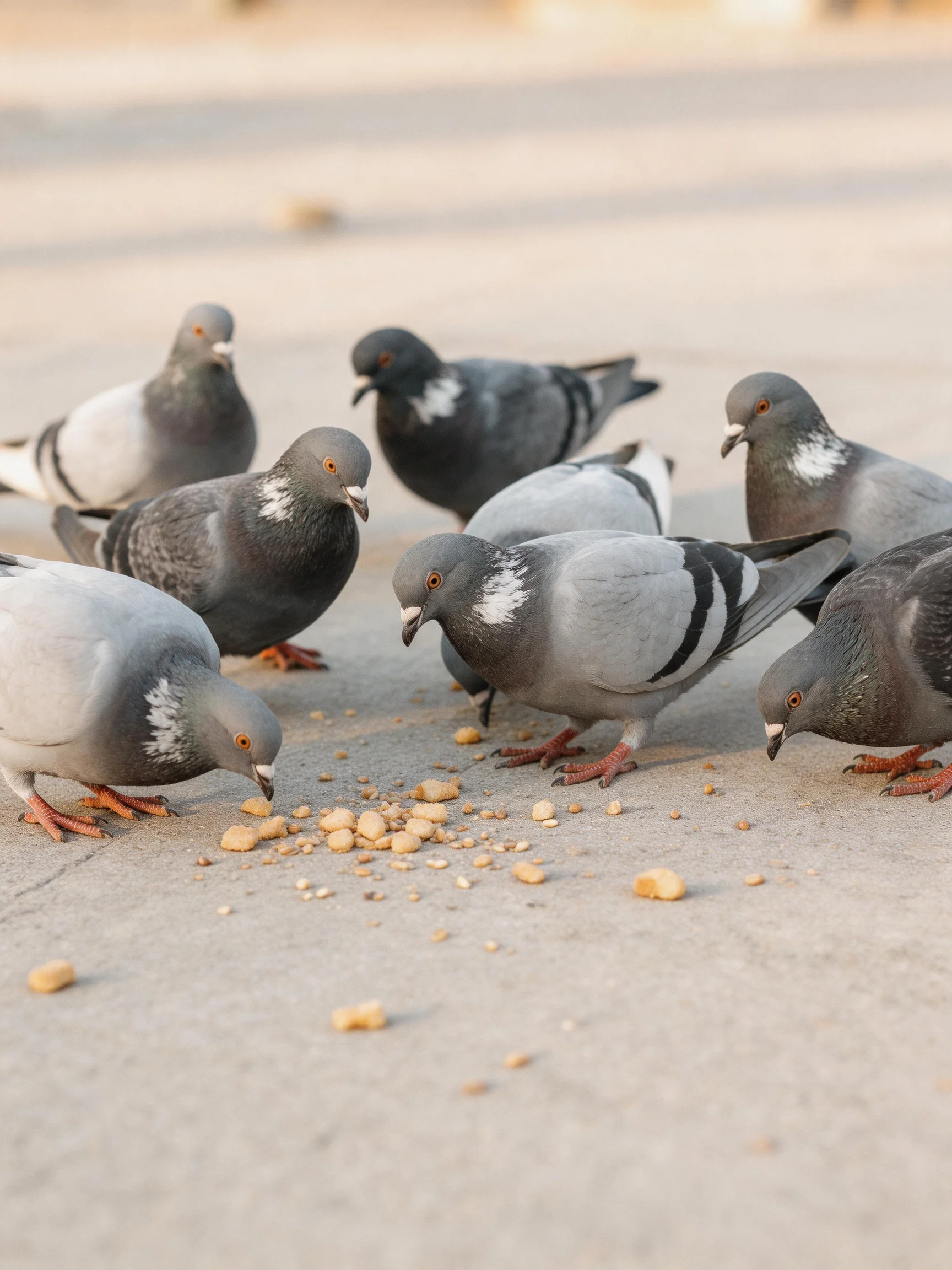 Nine pigeons gather around scattered seeds on a concrete surface