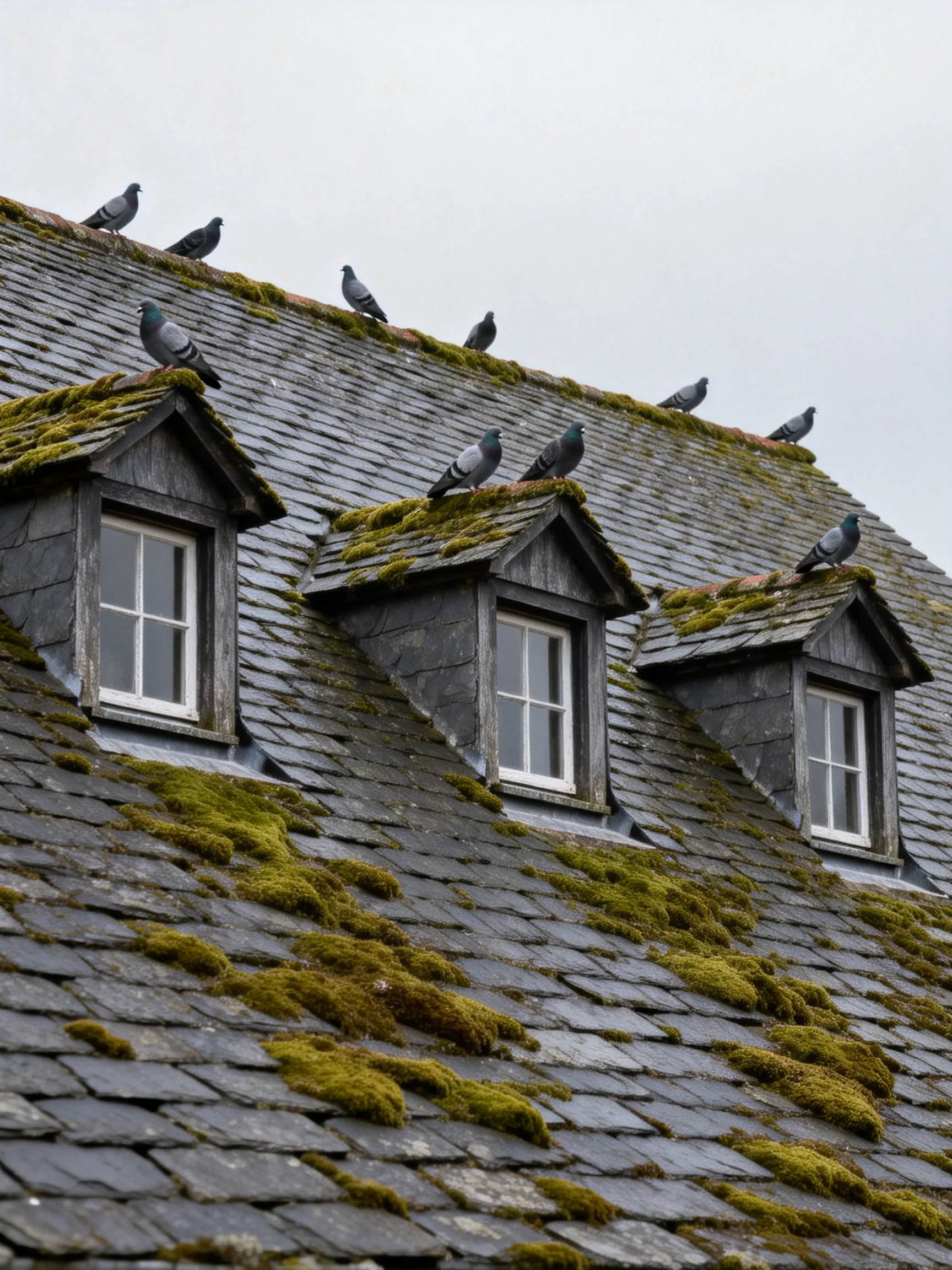 Nine pigeons rest on a moss-covered slate roof with three dormer windows