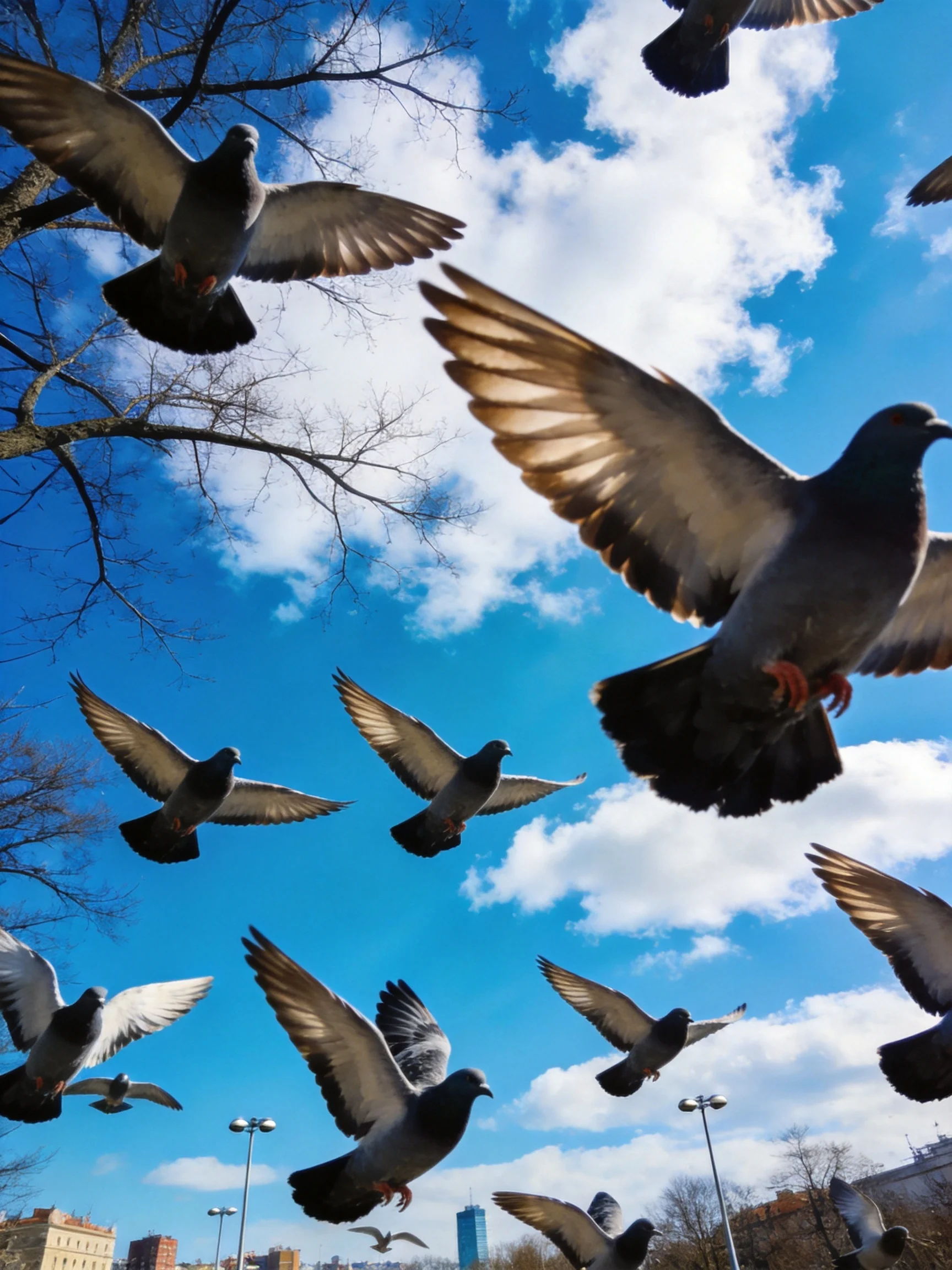Numerous pigeons flying against bright blue sky with scattered clouds