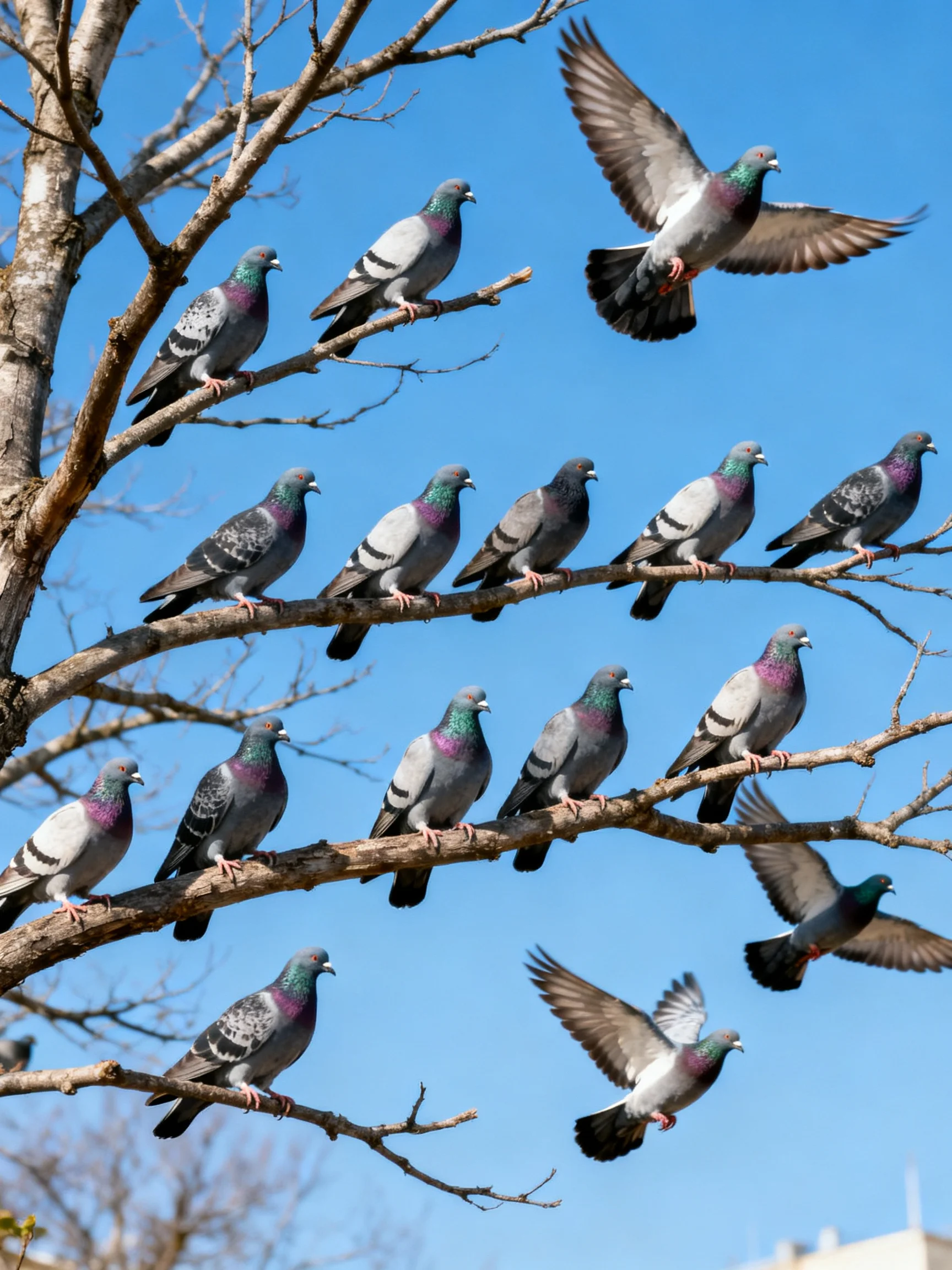Numerous pigeons perch and fly on bare tree branches under a vivid blue sky