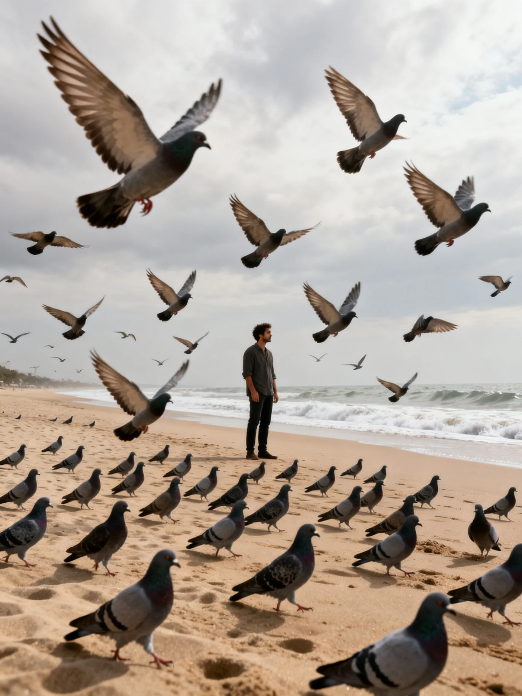 Numerous pigeons surround a man on a sandy beach by the ocean