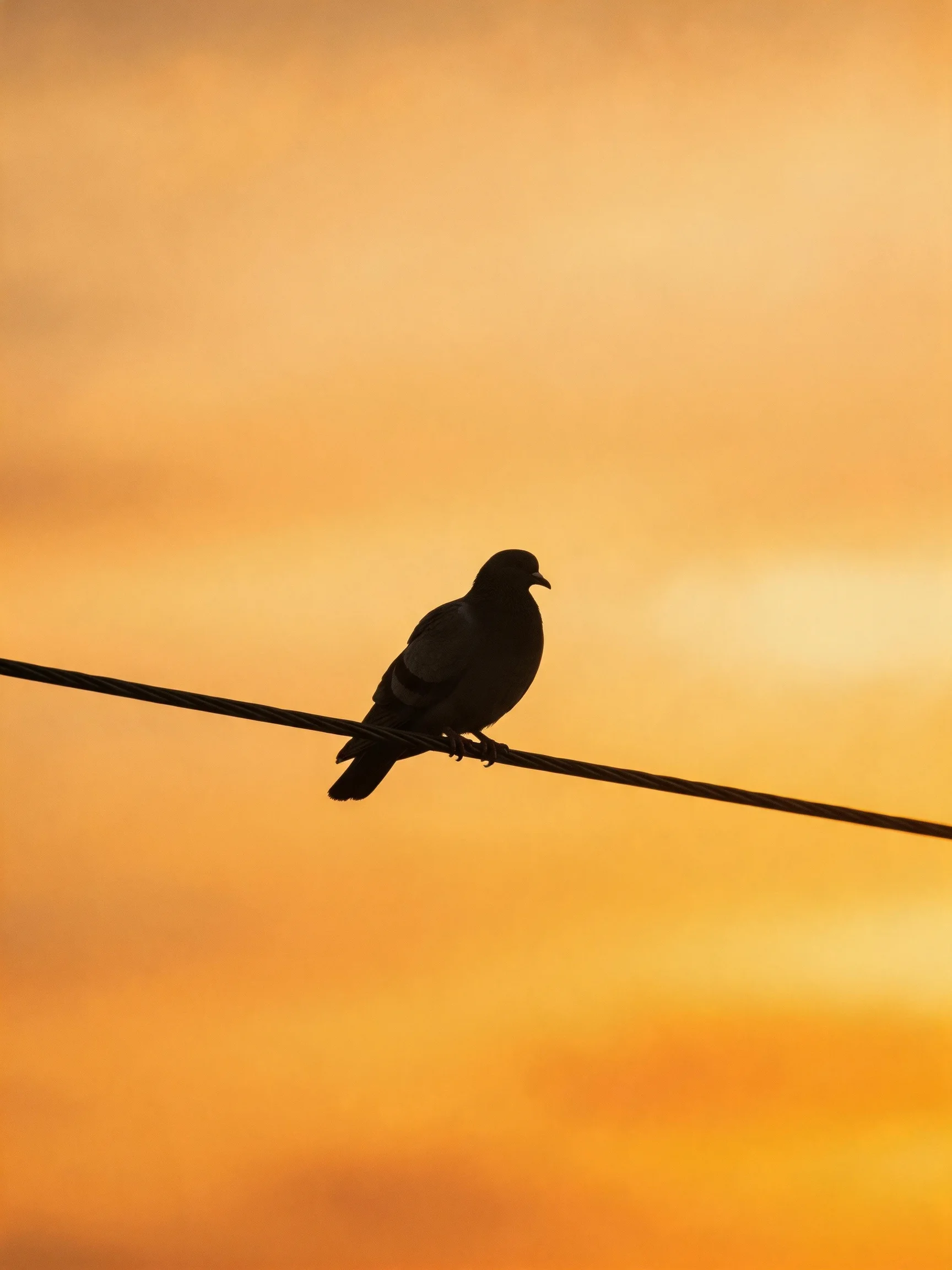 One pigeon silhouetted on a single wire against a golden sunset sky
