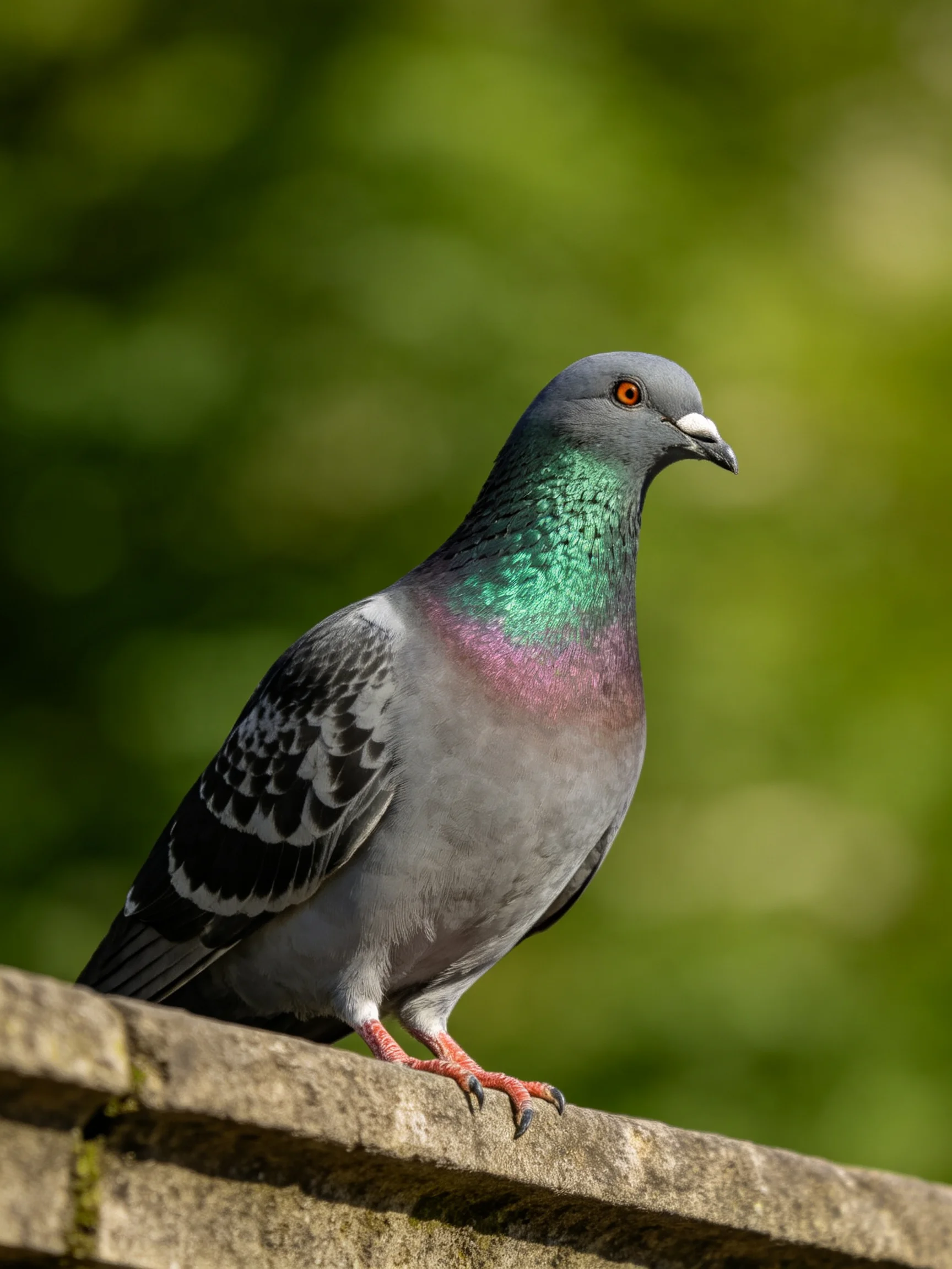 One pigeon with vibrant iridescent plumage perches on a stone ledge