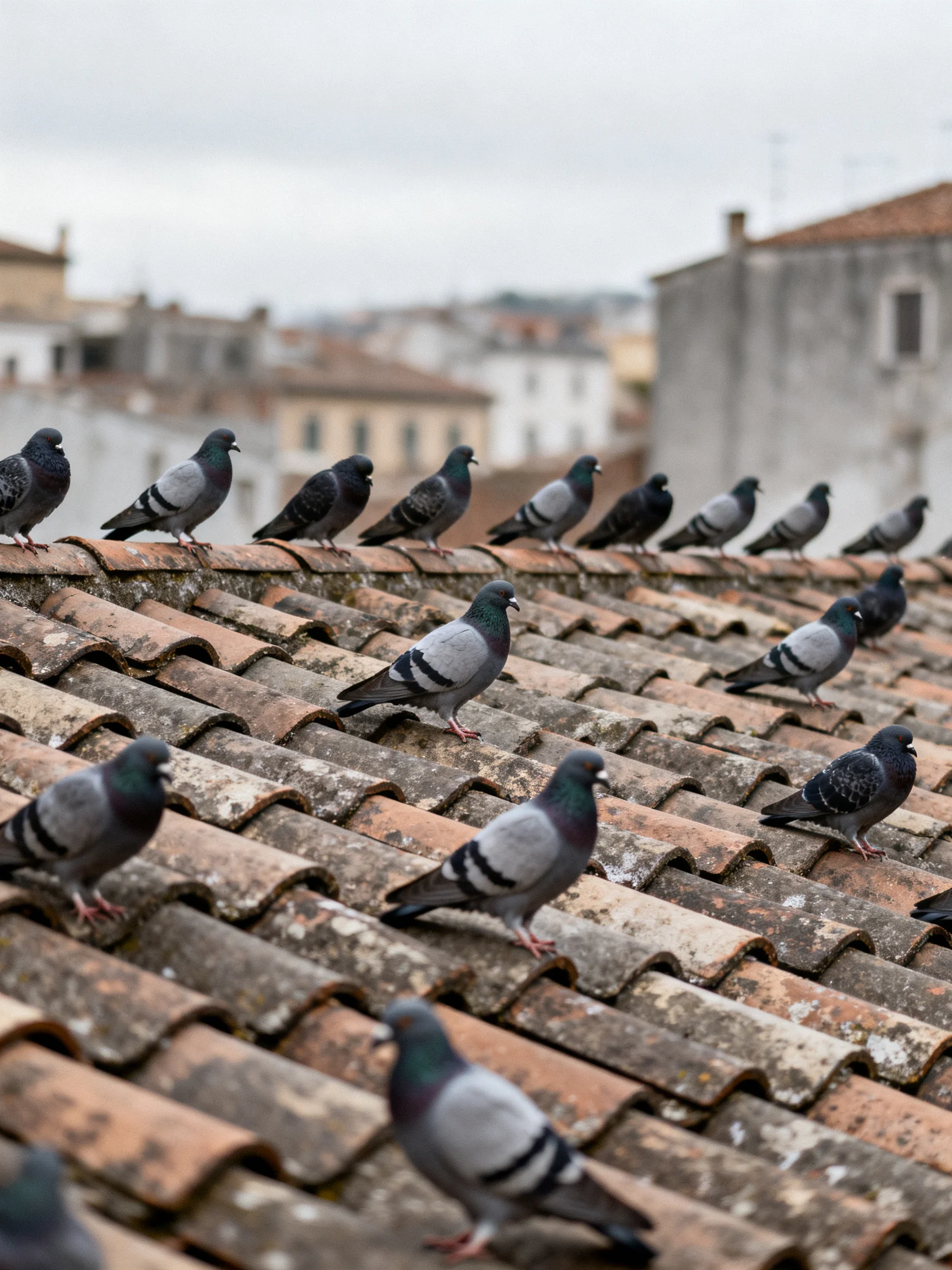 Over twenty pigeons rest on an aged terracotta rooftop