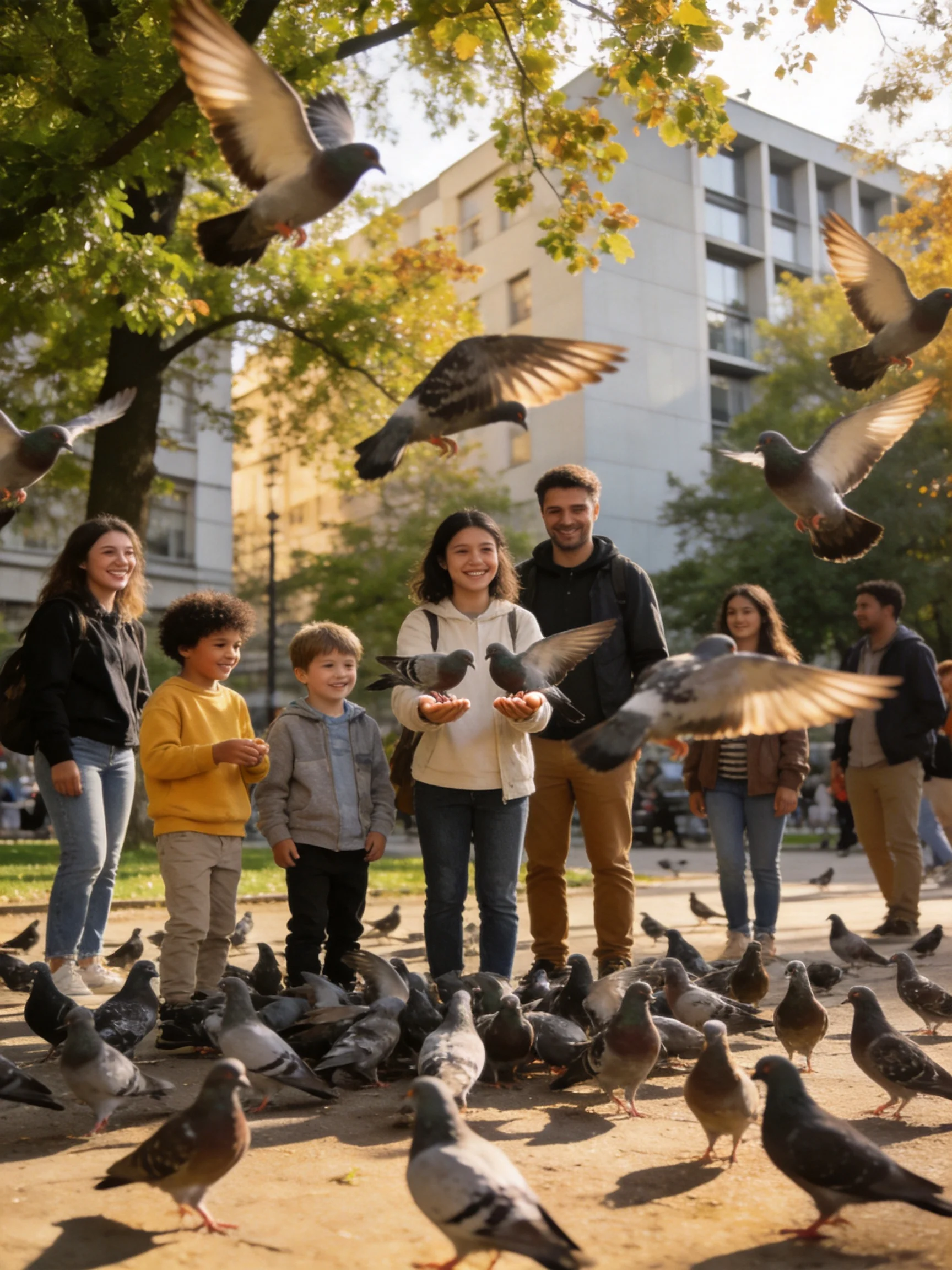 People feeding many pigeons in a sunlit urban park