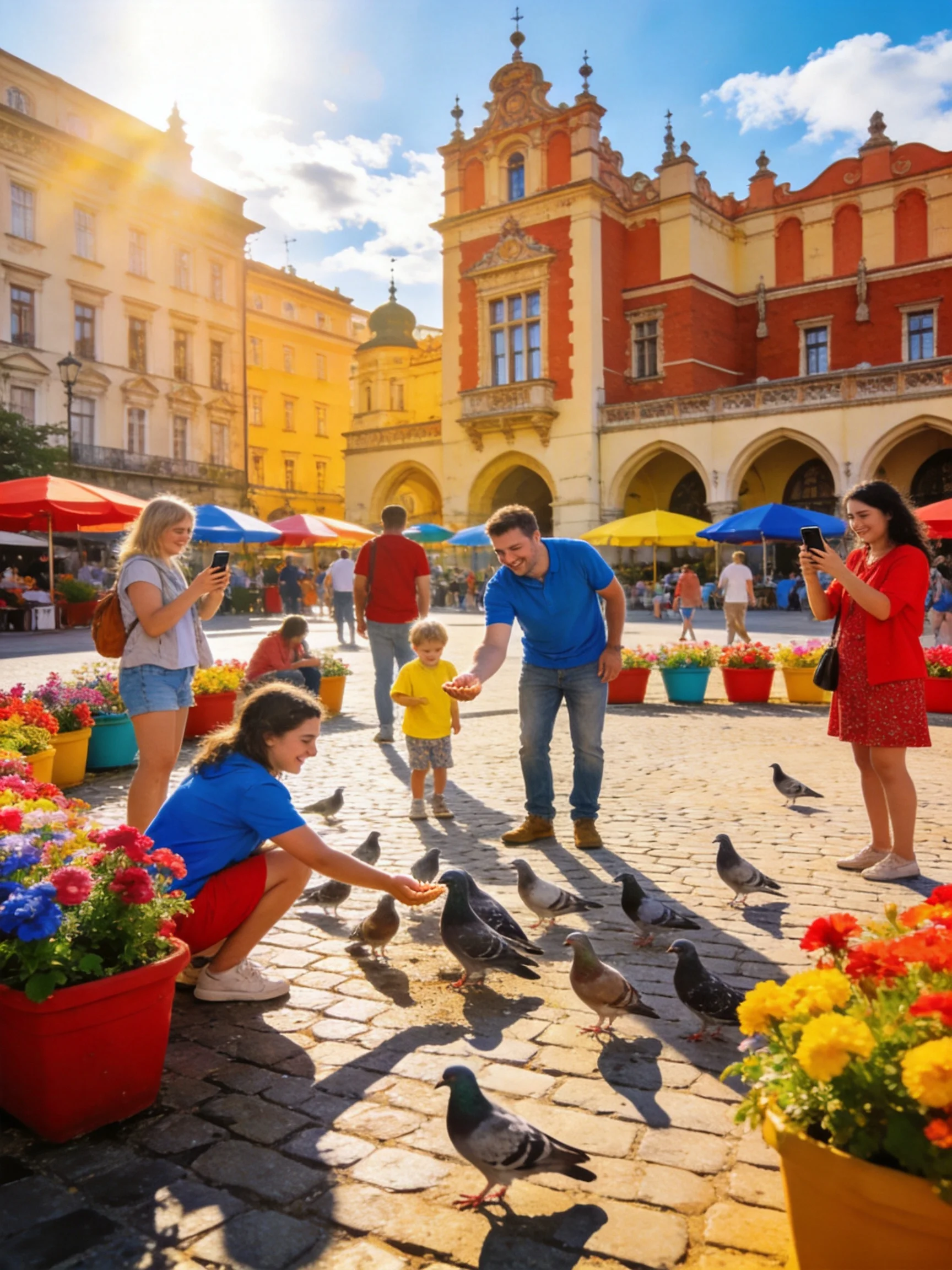 People feeding pigeons in a colorful historic square with flower pots