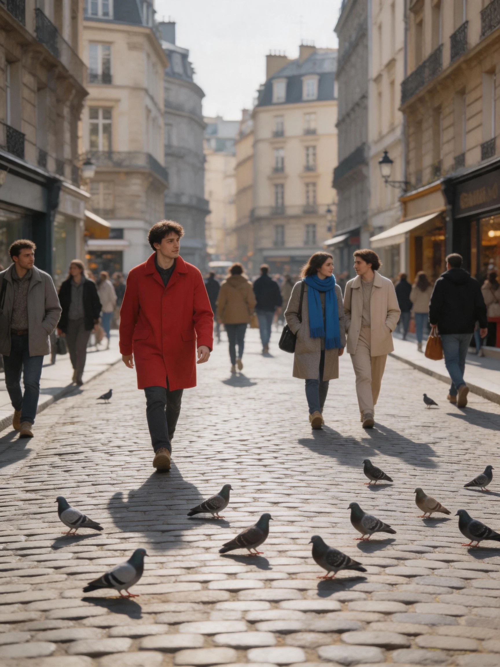 People walk among pigeons on a cobblestone European street