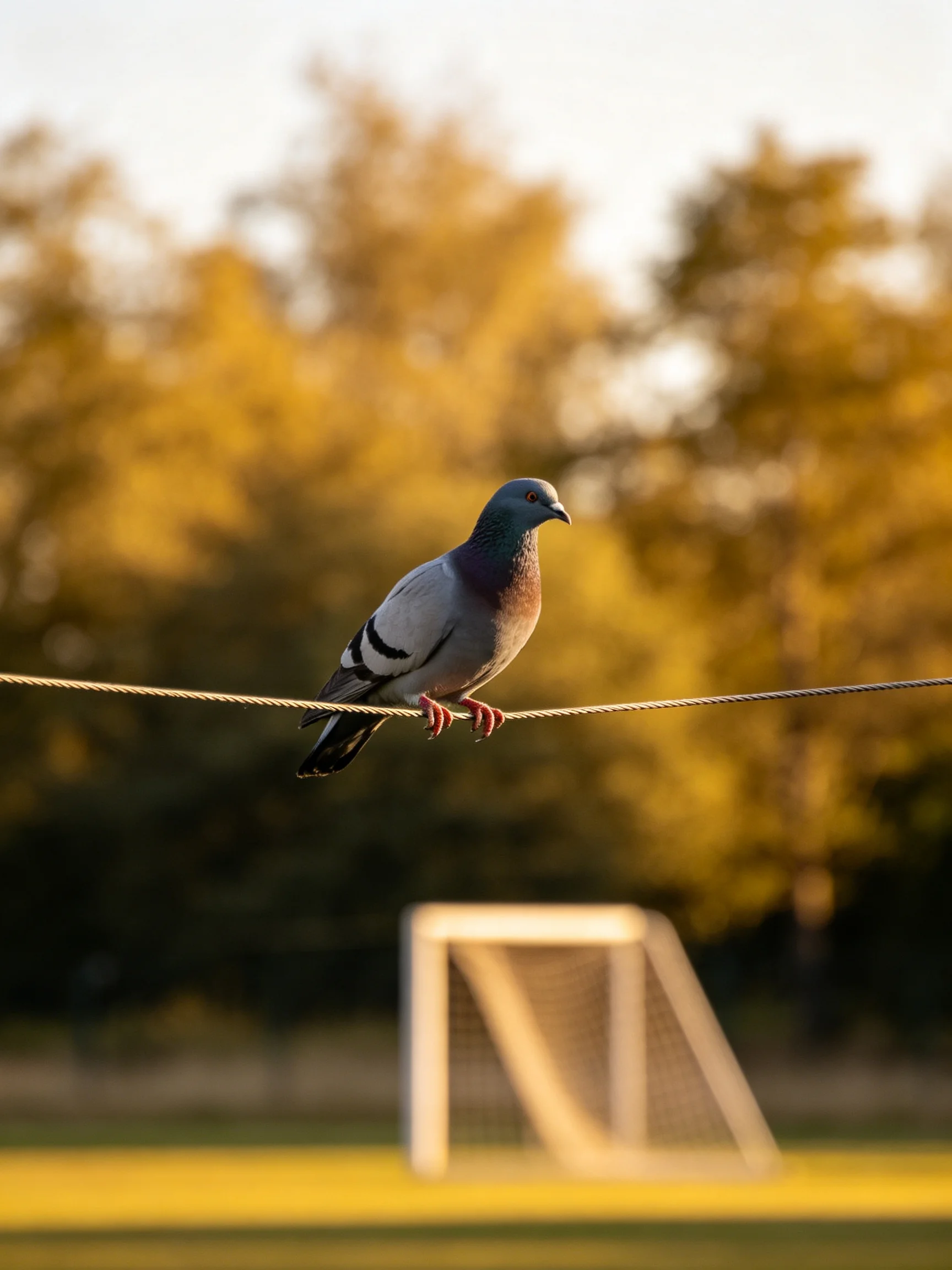 Pigeon on a wire against golden tree backdrop