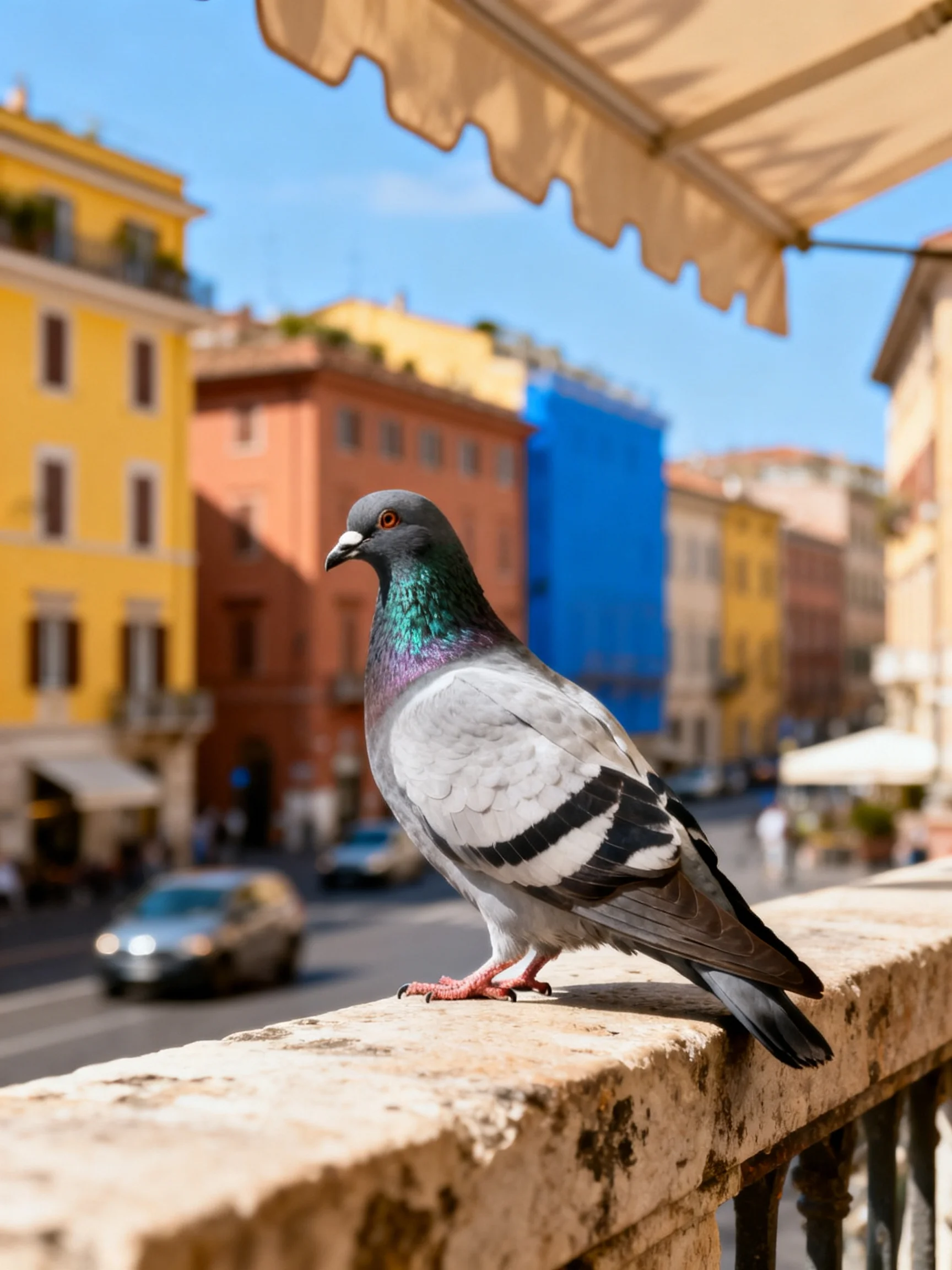 Pigeon on weathered stone railing beside vibrant historic buildings