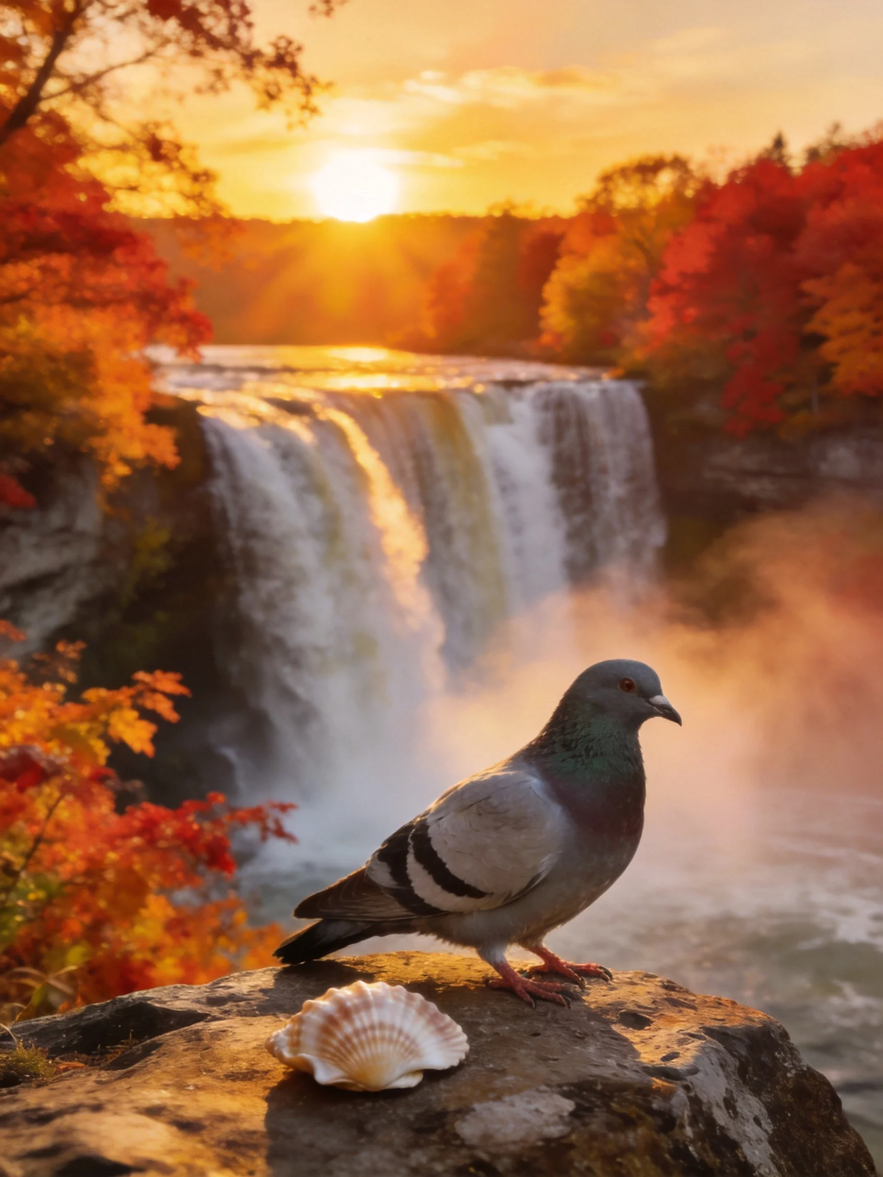 Pigeon perched on rock by waterfall during autumn foliage
