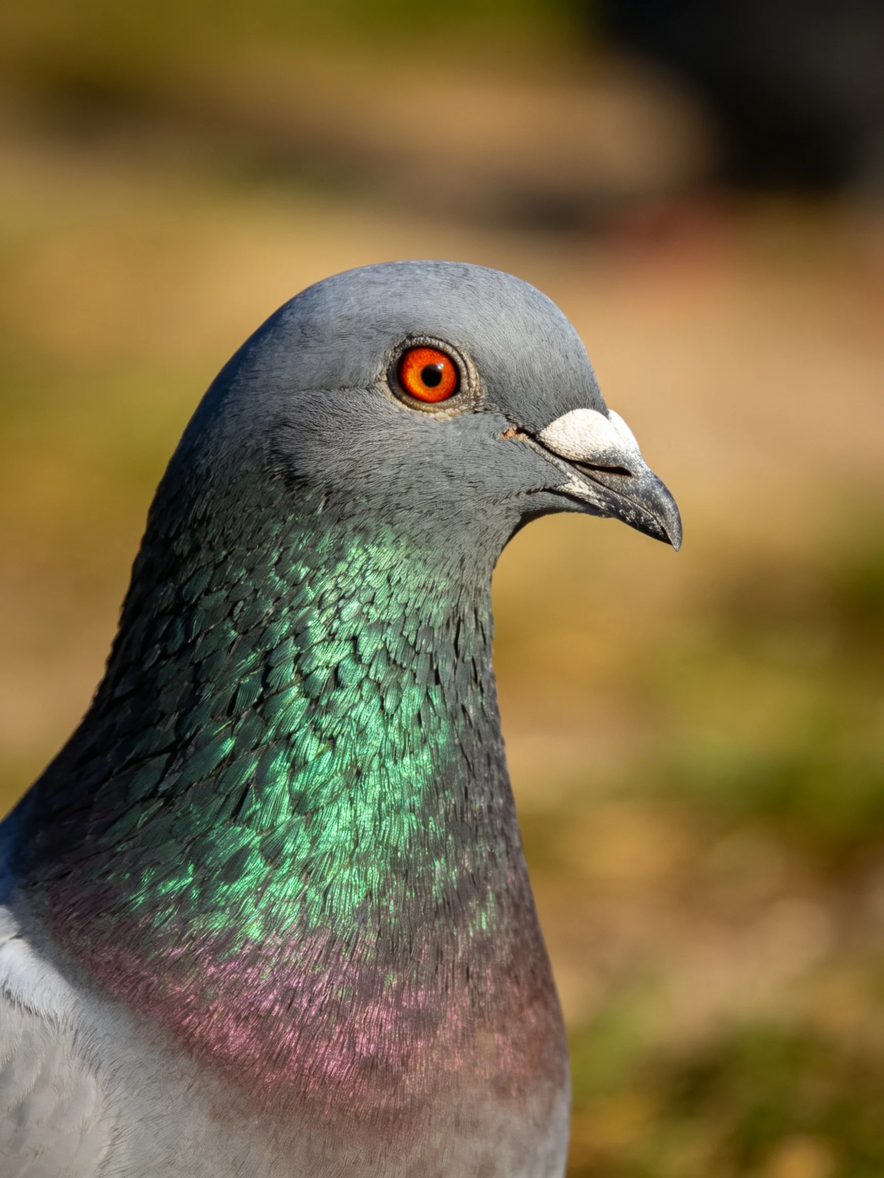 Pigeon with gray head, iridescent green neck, bright orange eye
