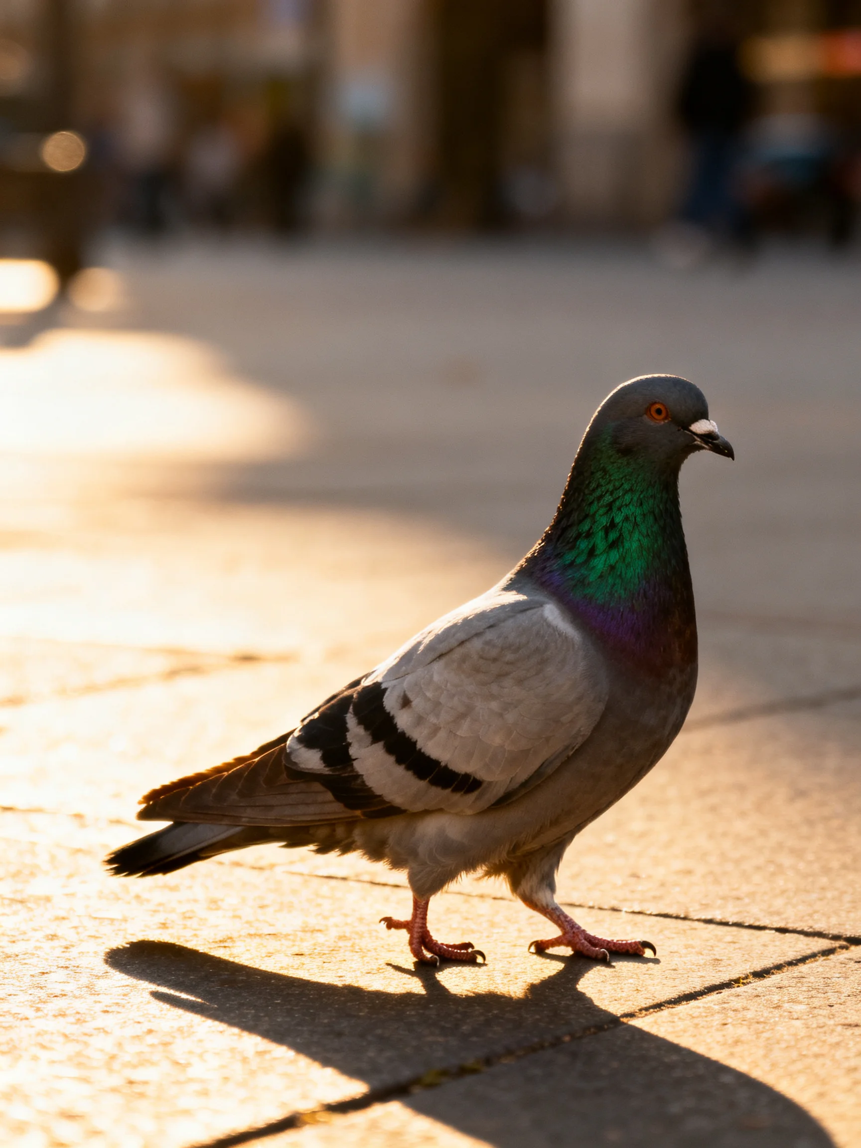 Pigeon with iridescent green neck on sunlit pavement