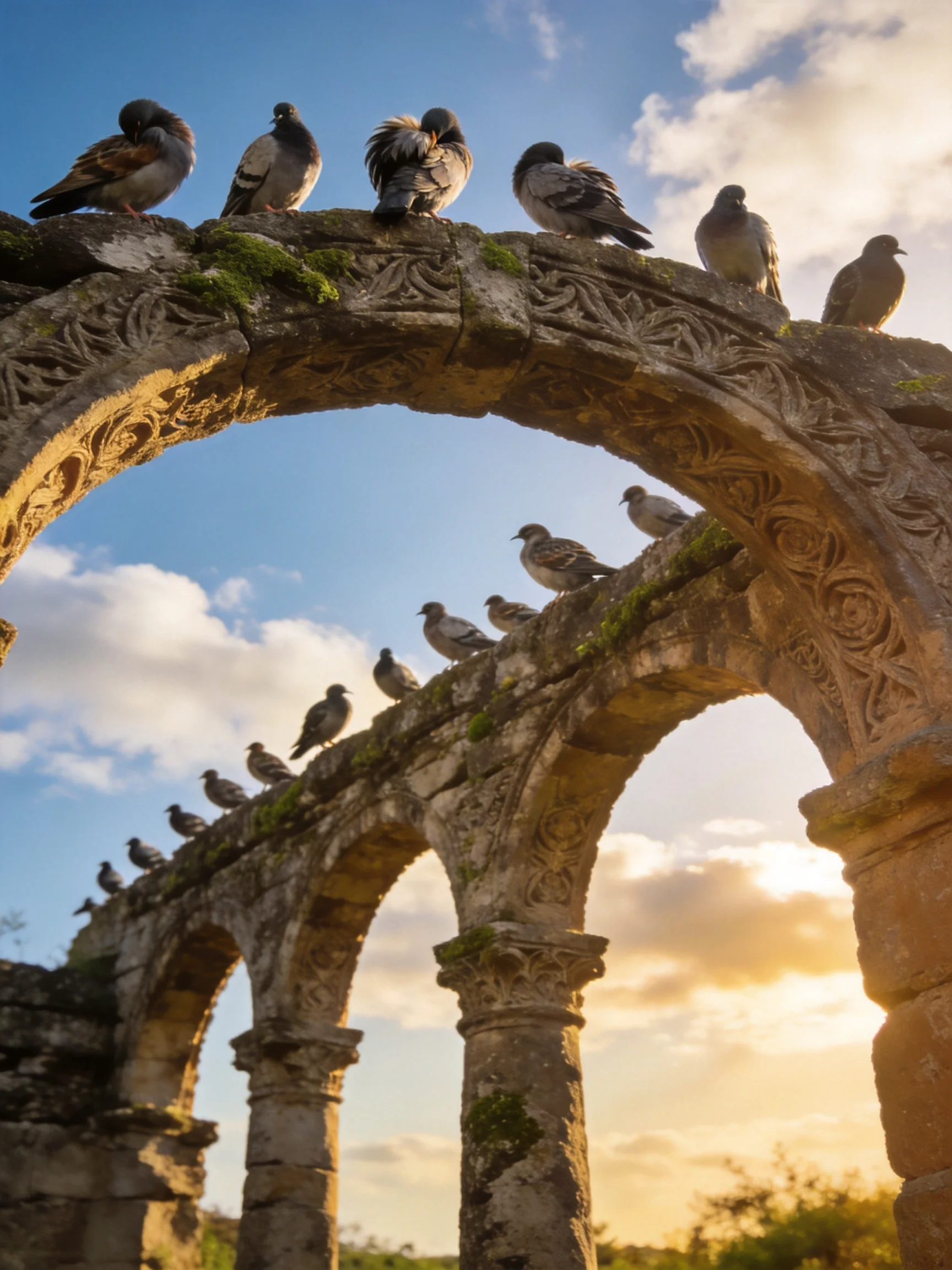 Pigeons Perched on Ancient Moss-Covered Stone Arches at Sunset
