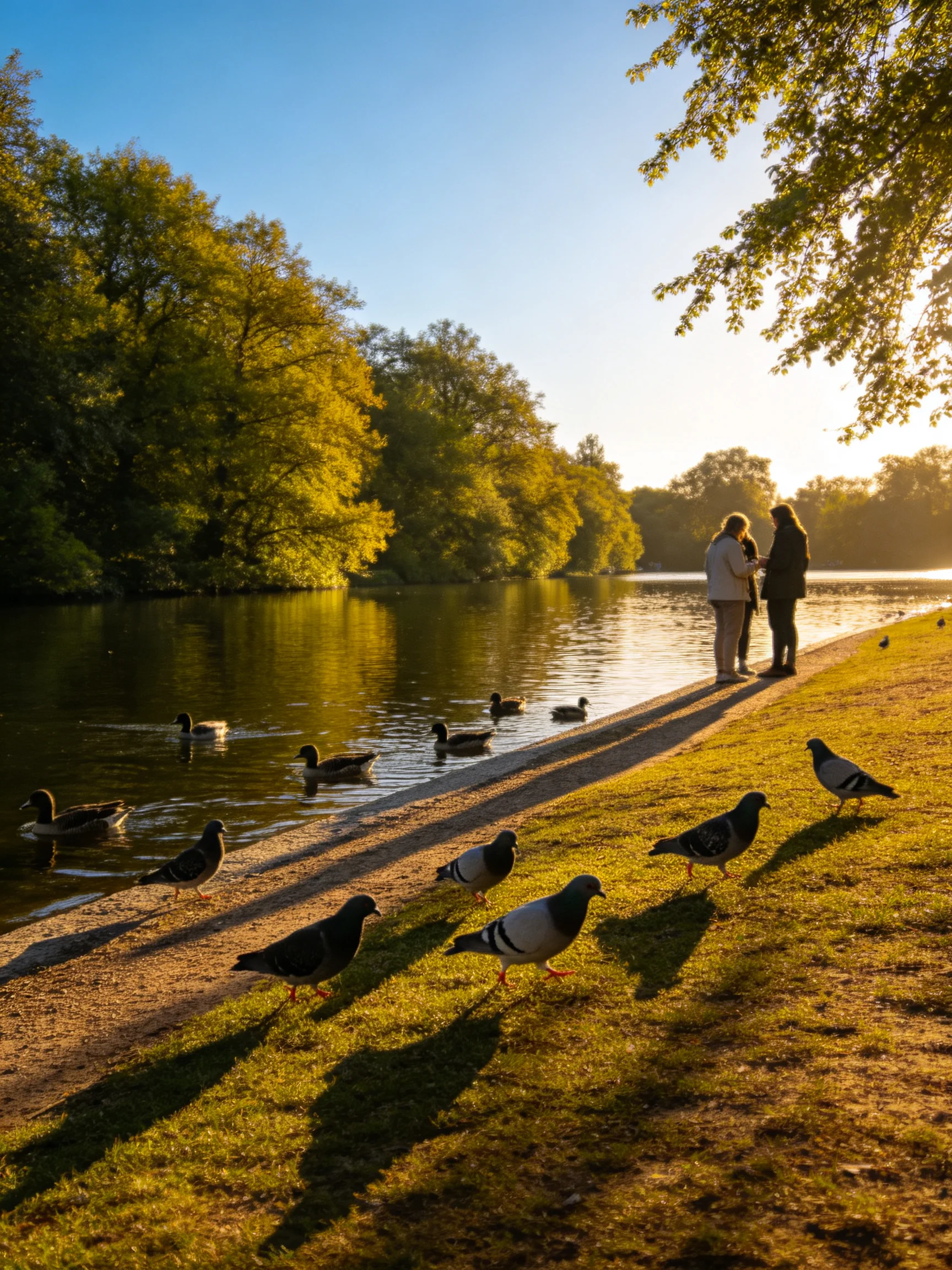 Pigeons and Ducks by a Golden Riverside Path