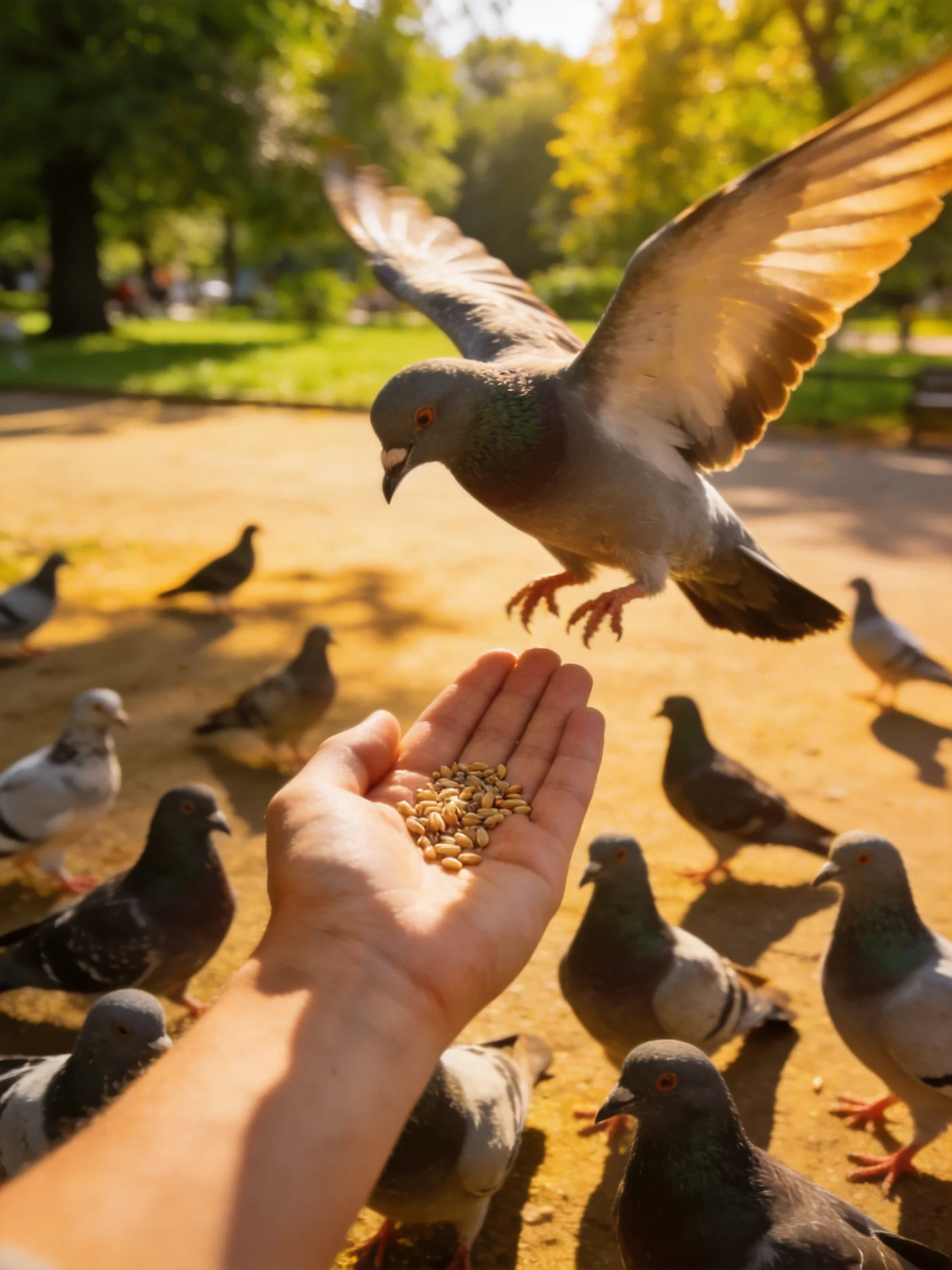 Pigeons gather around a hand offering seeds in a sunlit park