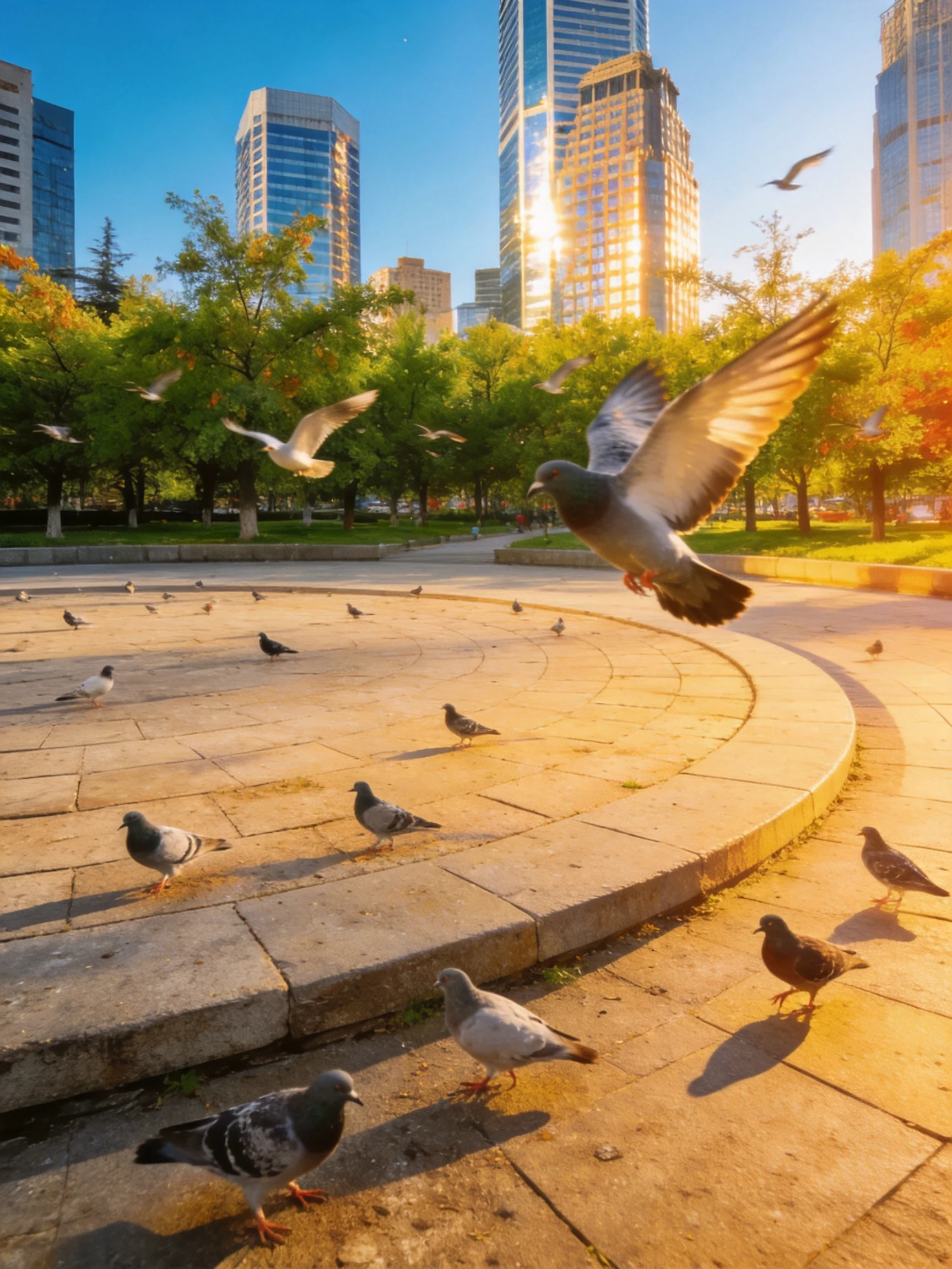 Pigeons gather in a sunlit urban park with modern skyscrapers