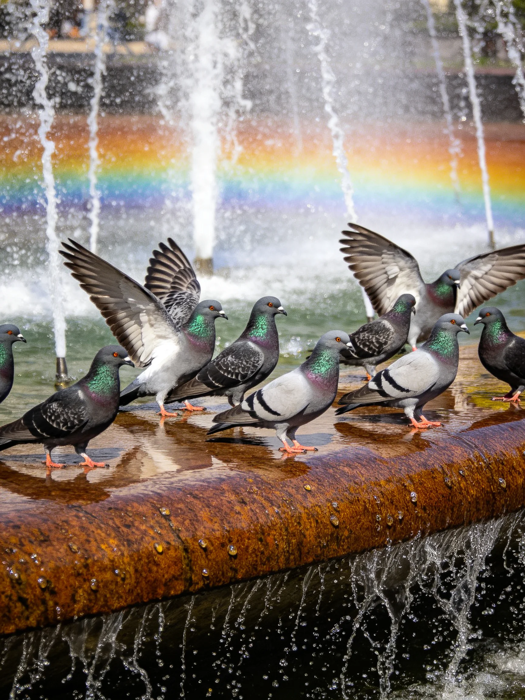 Pigeons gather near a fountain with a colorful rainbow