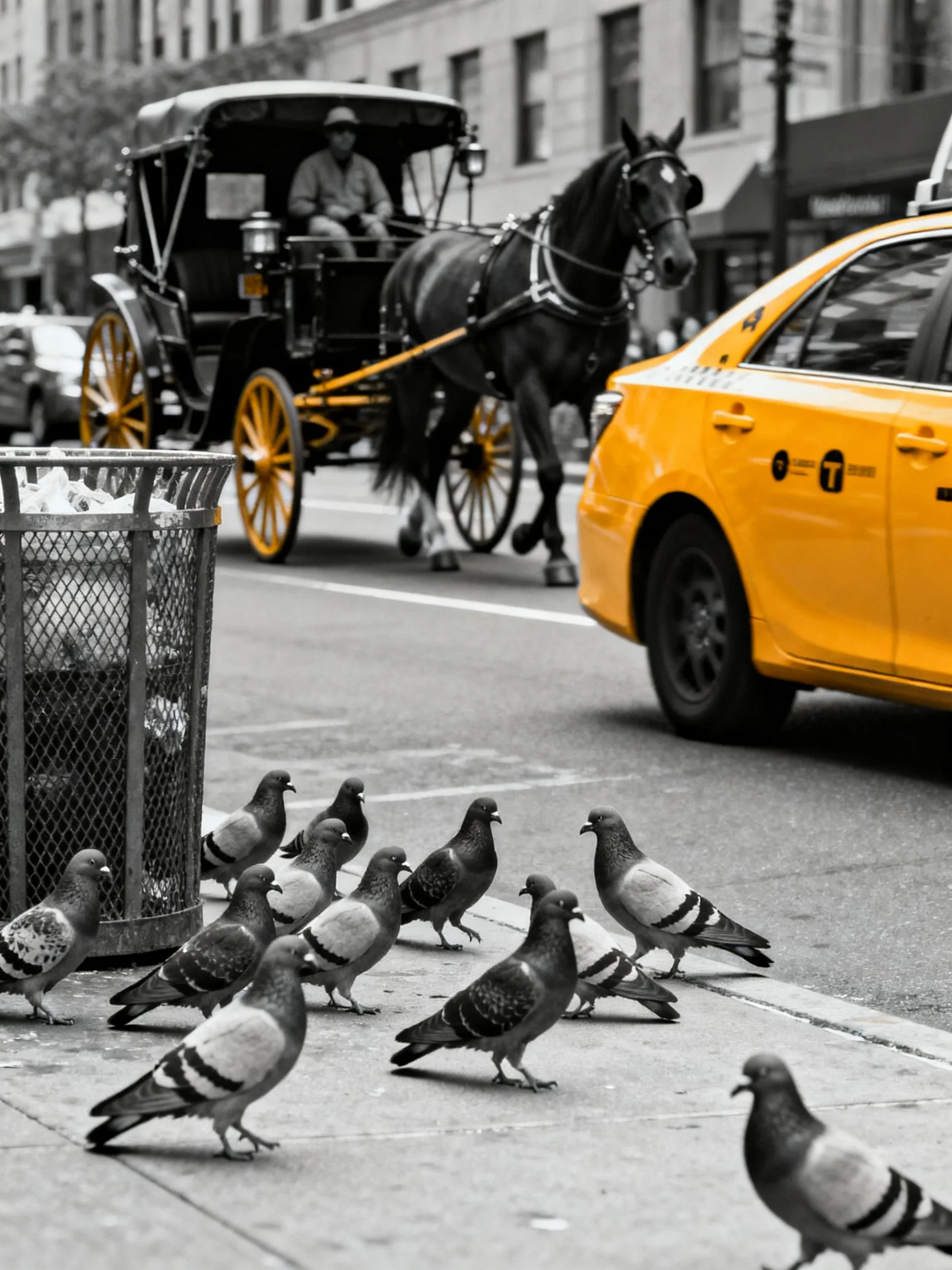 Pigeons gather on a sidewalk near a horse - drawn carriage and yellow taxi