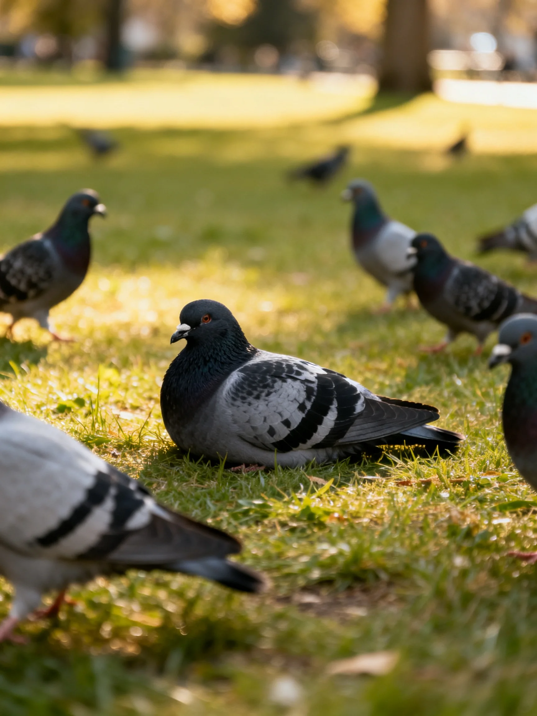 Pigeons in shades of gray, black, and green gather on sunlit grass