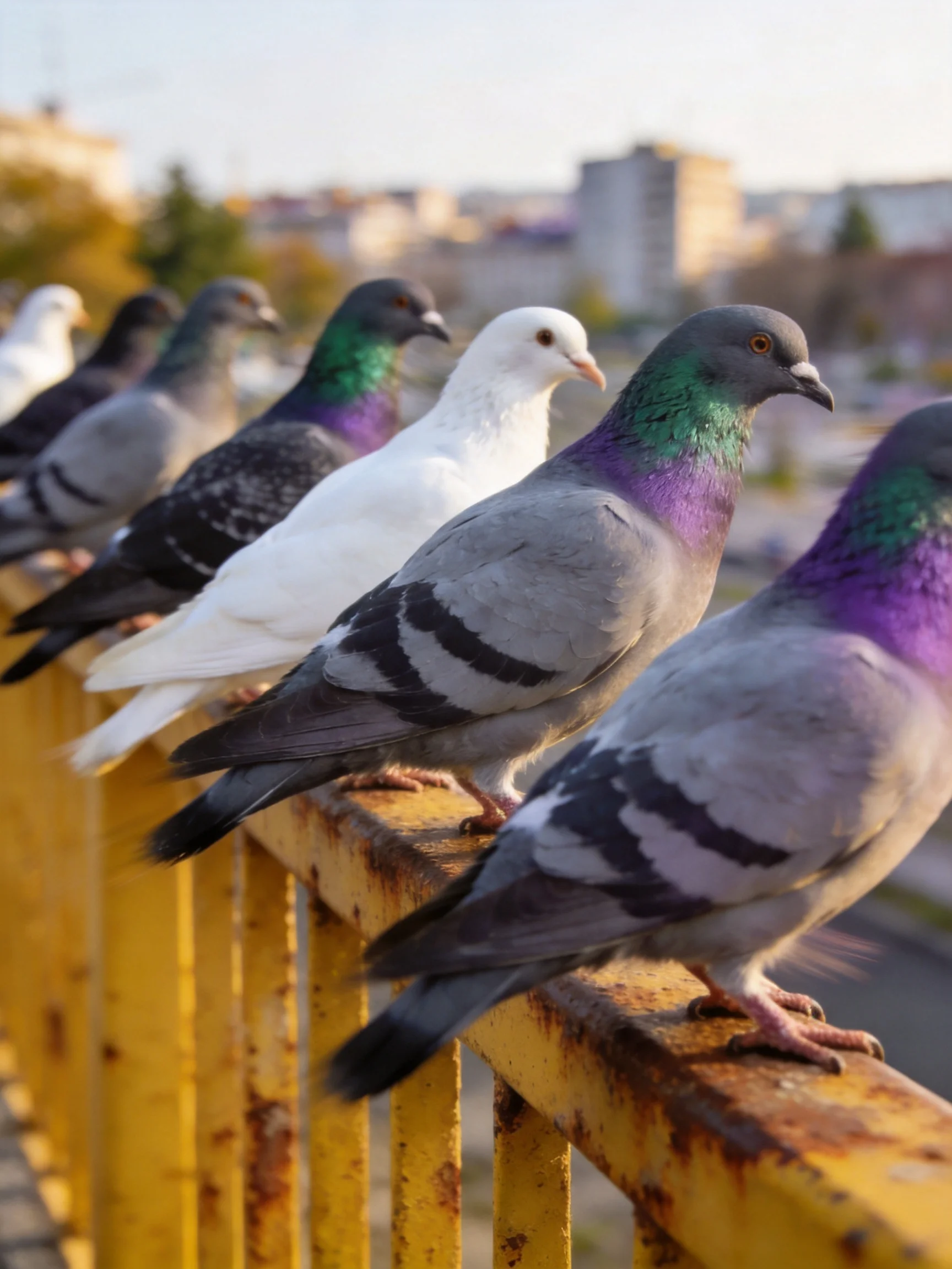Pigeons of different colors gather on a yellow railing