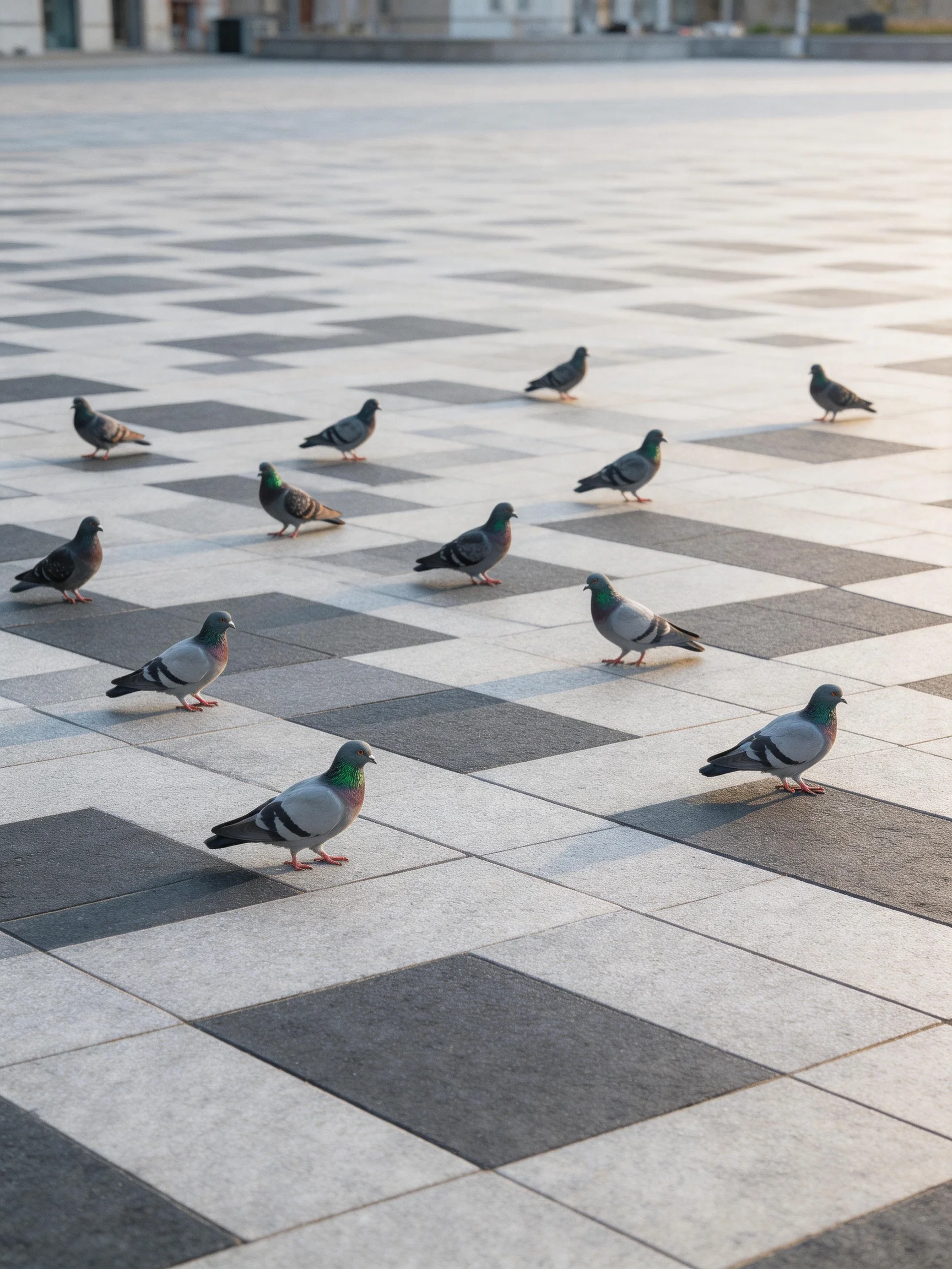 Pigeons of diverse hues on a checkered stone plaza