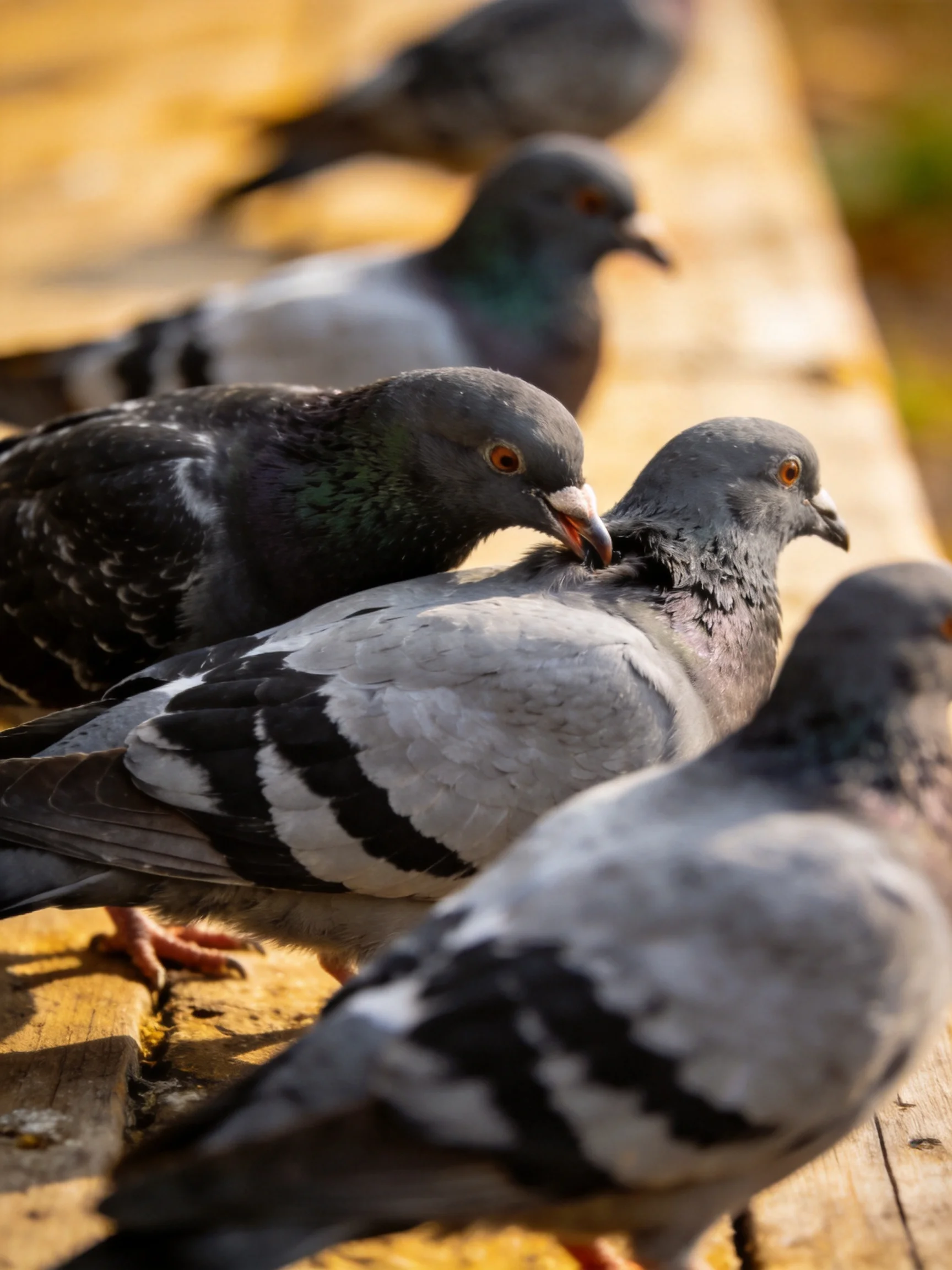 Pigeons of mixed hues congregate on a wooden platform