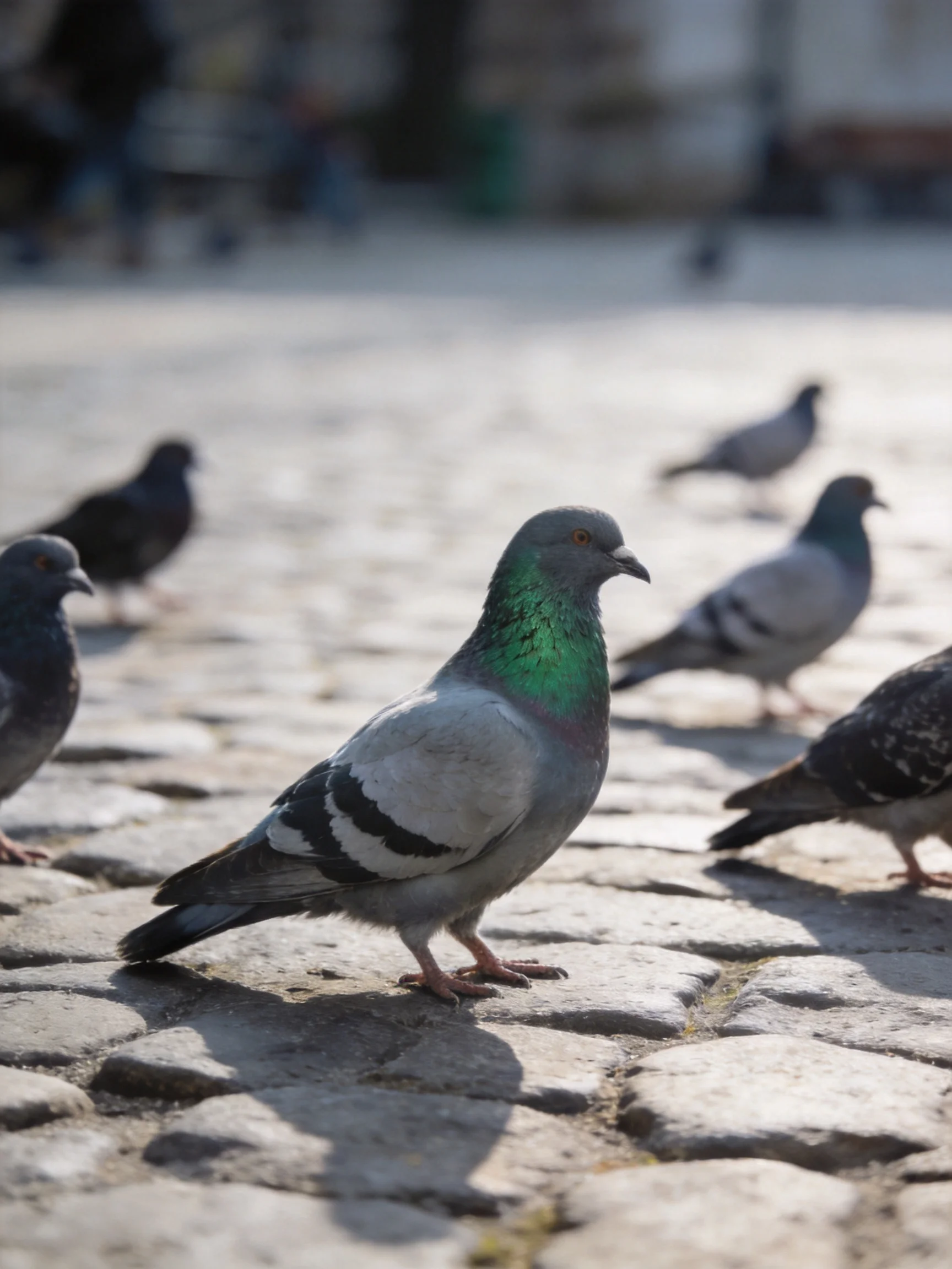Pigeons on cobblestones, one with a green neck prominent
